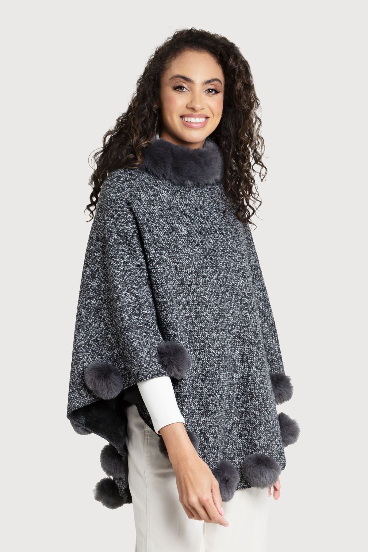 Cozy Faux Fur Poncho with Pom Pom Trim - Women's Winter Cape Shawl for Outdoor & Indoor Wear