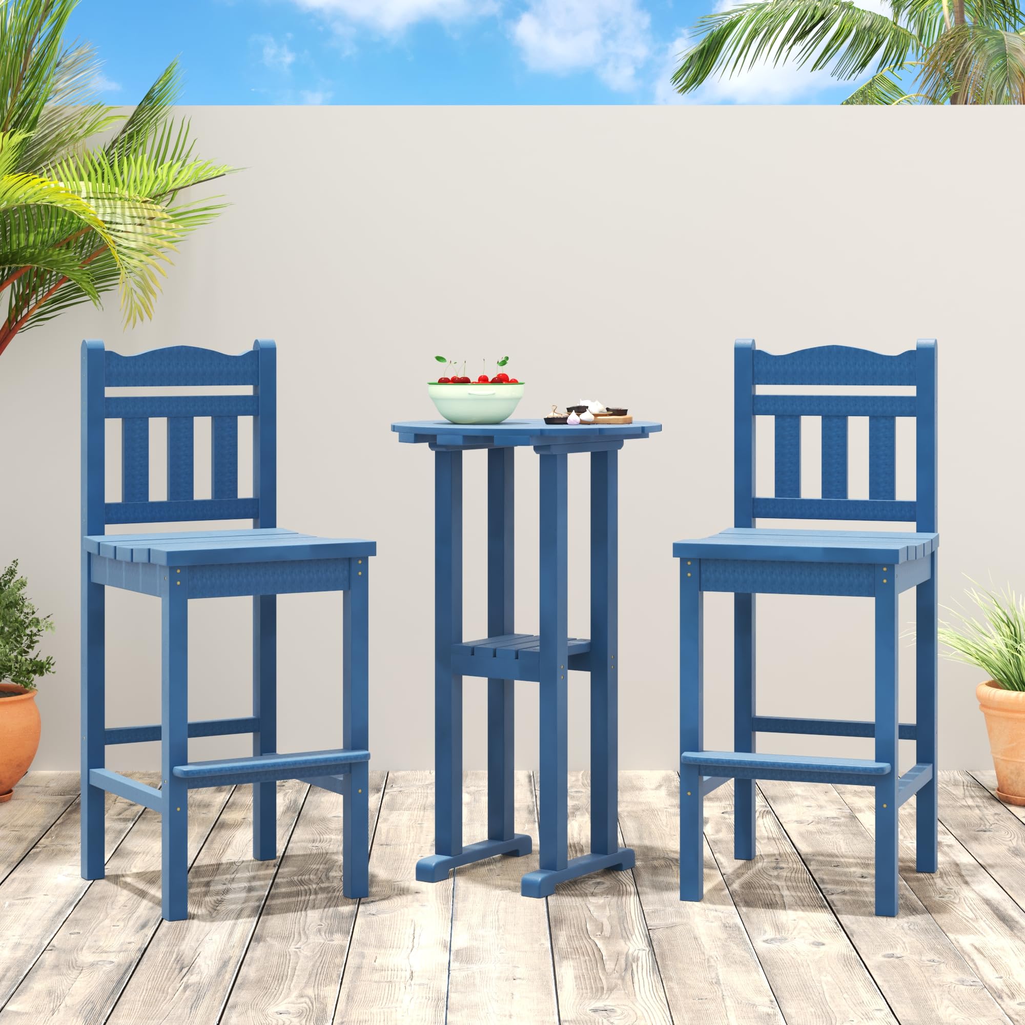 Sundale Outdoor 3-Piece Adirondack Bar Set - 2 Counter Height Adirondack Chairs & Round Side Table - HDPE High Top Stools for Patio, Deck, Garden - Navy Blue Pub Bistro Dining Furniture for 2 - Perfect for Backyard Entertaining, Poolside Relaxation & Outdoor Gatherings