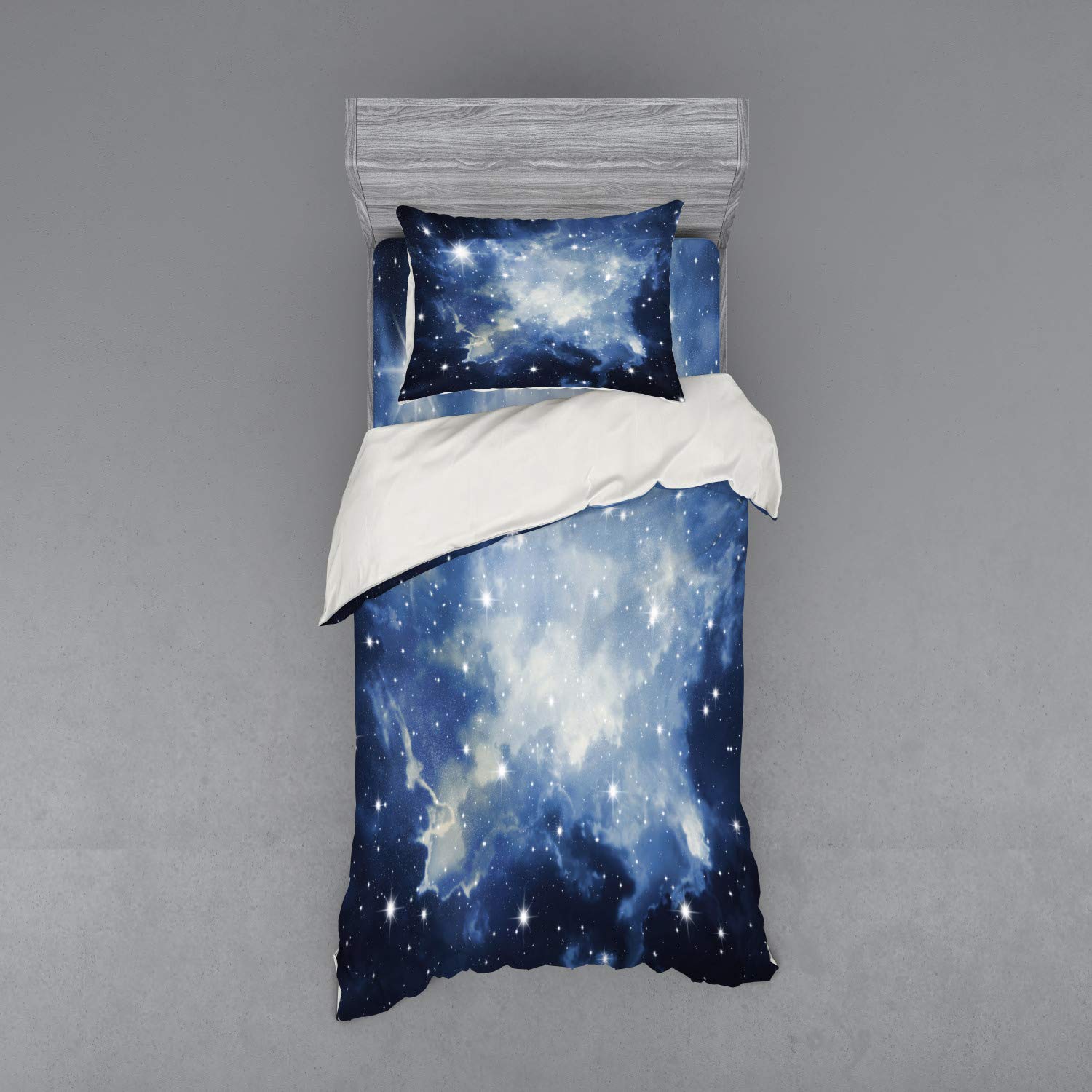 Ambesonne Constellation Bedding Set - Blue Galaxy Night Sky Duvet Cover with Stars & Fog Print, 3-Piece Twin Size Set (Duvet Cover + Sham + Fitted Sheet) in Dark Blue, Pale Blue & White | Perfect for Astronomy Lovers' Bedroom Decor & Cozy Space Theme