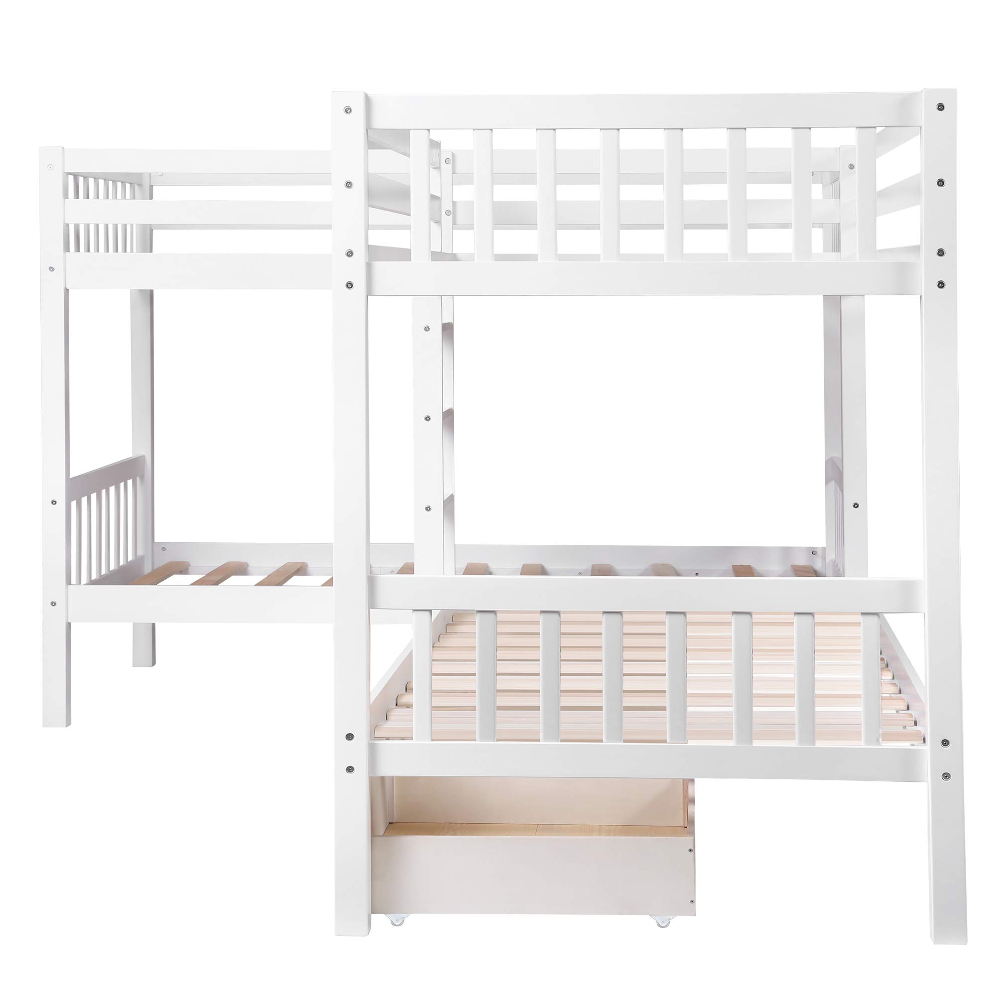 Solid Wood L-Shaped Twin Over Twin Bunk Beds for 4 with Storage Drawers - Space-Saving Triple Bunk Bed for Kids, Teens & Adults (White) | Perfect for Small Bedrooms, Guest Rooms & Vacation Homes