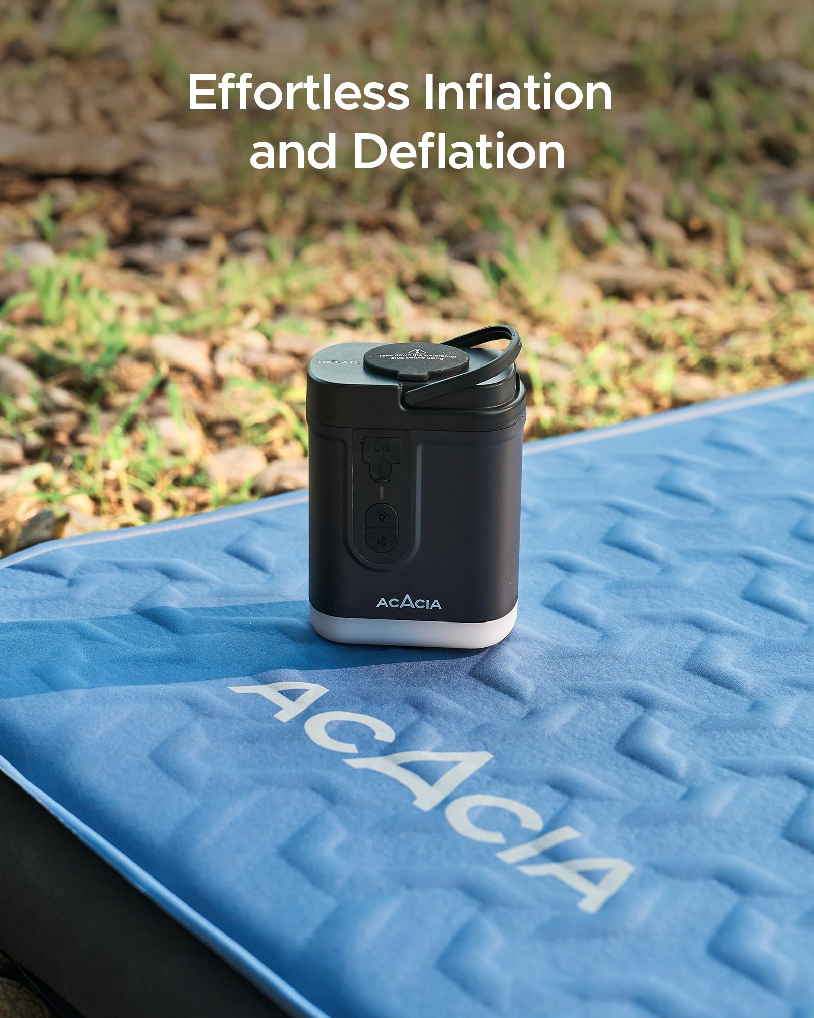 ACACIA Portable Electric Air Pump for Sleeping Pads & Air Mattresses - 4000mAh Rechargeable Battery, Built-in Camping Light with 5 Nozzles (4.8kPa) - Perfect for Camping, Hiking, Pool Floats, Inflatable Beds & Outdoor Adventures