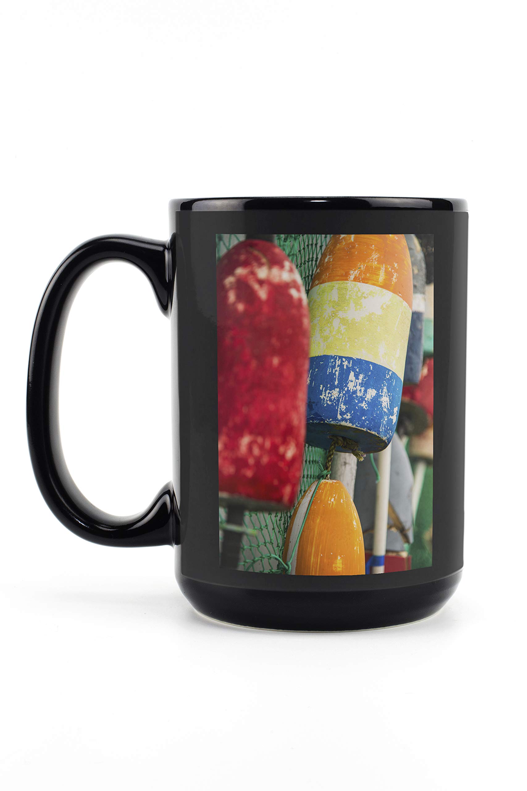 Lantern Press Colorful Buoys 15oz Black Ceramic Coffee Mug - Microwave & Dishwasher Safe Tea Cup - Perfect for Home, Office & Gifts