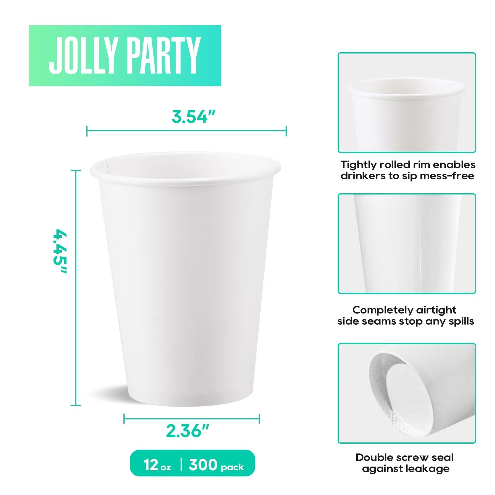 JOLLY PARTY 300 Pack 12 oz Disposable Paper Coffee Cups - Eco-Friendly Hot & Cold Beverage Drinking Cups for Coffee, Tea, Water - Bulk White Paper Cups for Office, Cafes, Parties & Events