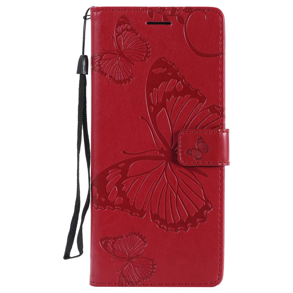 Samsung Galaxy Note 8 Case - Butterfly Embossed Magnetic Clasp Wallet Cover with Hand Strap | Slim Protective Phone Case for Women | Perfect for Work, Travel & Everyday Use (Red)