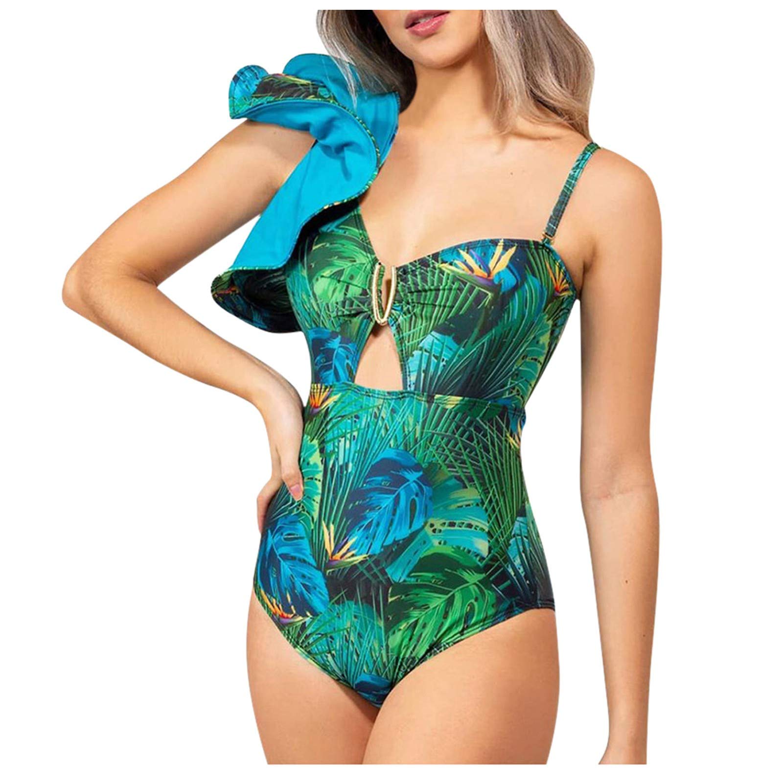 Vintage One Shoulder Ruched High Waisted One Piece Swimsuit for Women - Nautical Flounce Bathing Suit | Beach Vacation, Pool Party, Summer Swimwear