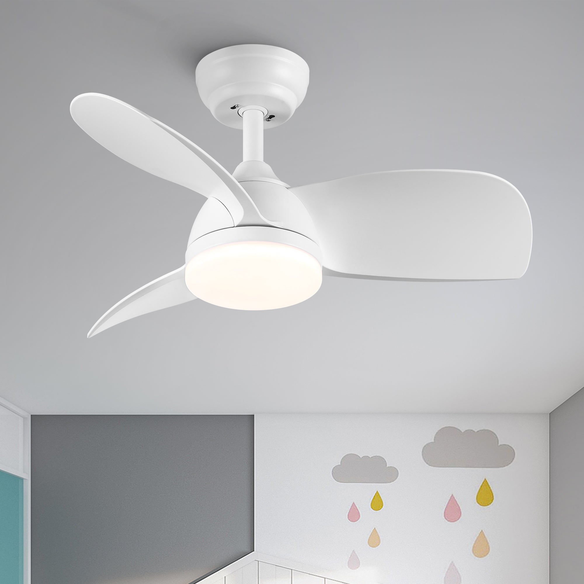 28 Inch Integrated LED Ceiling Fan with White ABS Blades - Energy Efficient Cooling & Lighting for Bedroom, Living Room, and Office Spaces