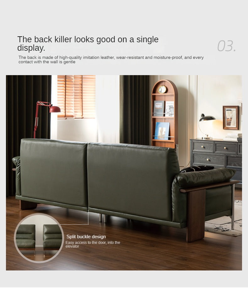 Premium Black Walnut Solid Wood Italian Leather Sofa - Modern Luxury Living Room Furniture for Home & Office Comfort