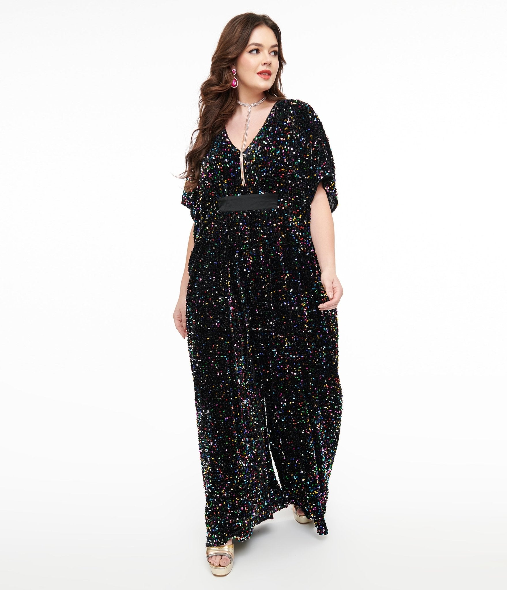 Vintage 1970s Black Iridescent Sequin Caftan Jumpsuit - Retro Disco Party Outfit for Women, Perfect for Halloween Costume, Themed Parties & Boho Fashion