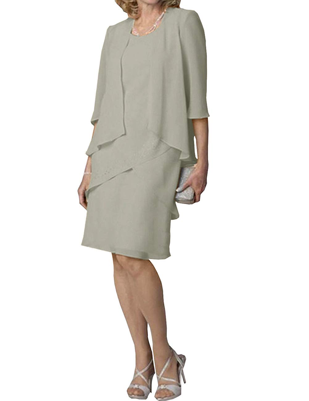 Elegant Mother of the Bride Dress - Short Formal Evening Gown with 3/4 Sleeve Chiffon Jacket & Tiered Skirt | Perfect for Weddings, Receptions & Special Occasions