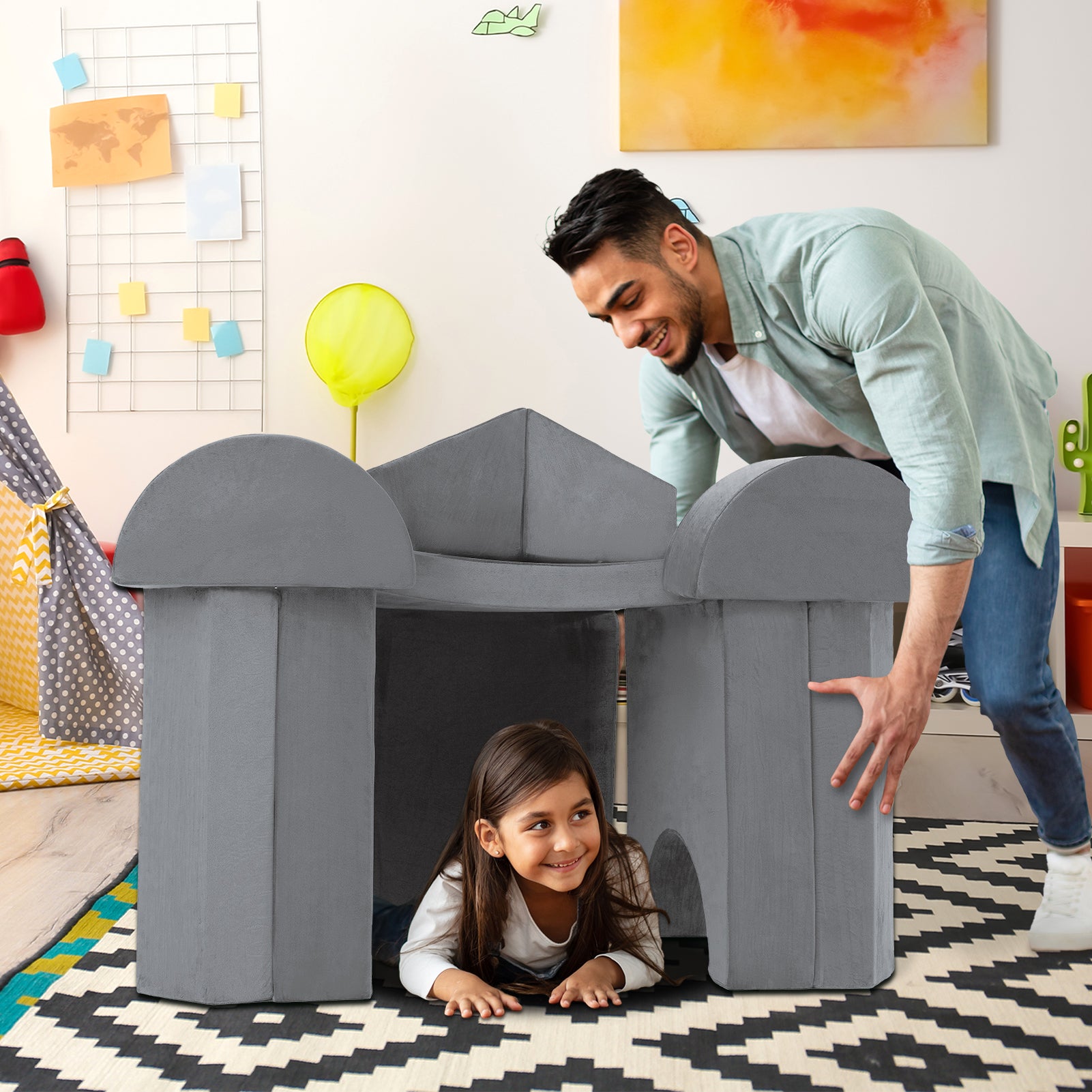 MAXYOYO 10-Piece Modular Convertible Kids Play Couch Sofa Set with Removable Soft Velvet Covers (Grey) - Perfect for Playrooms, Daycare Centers & Family Living Rooms