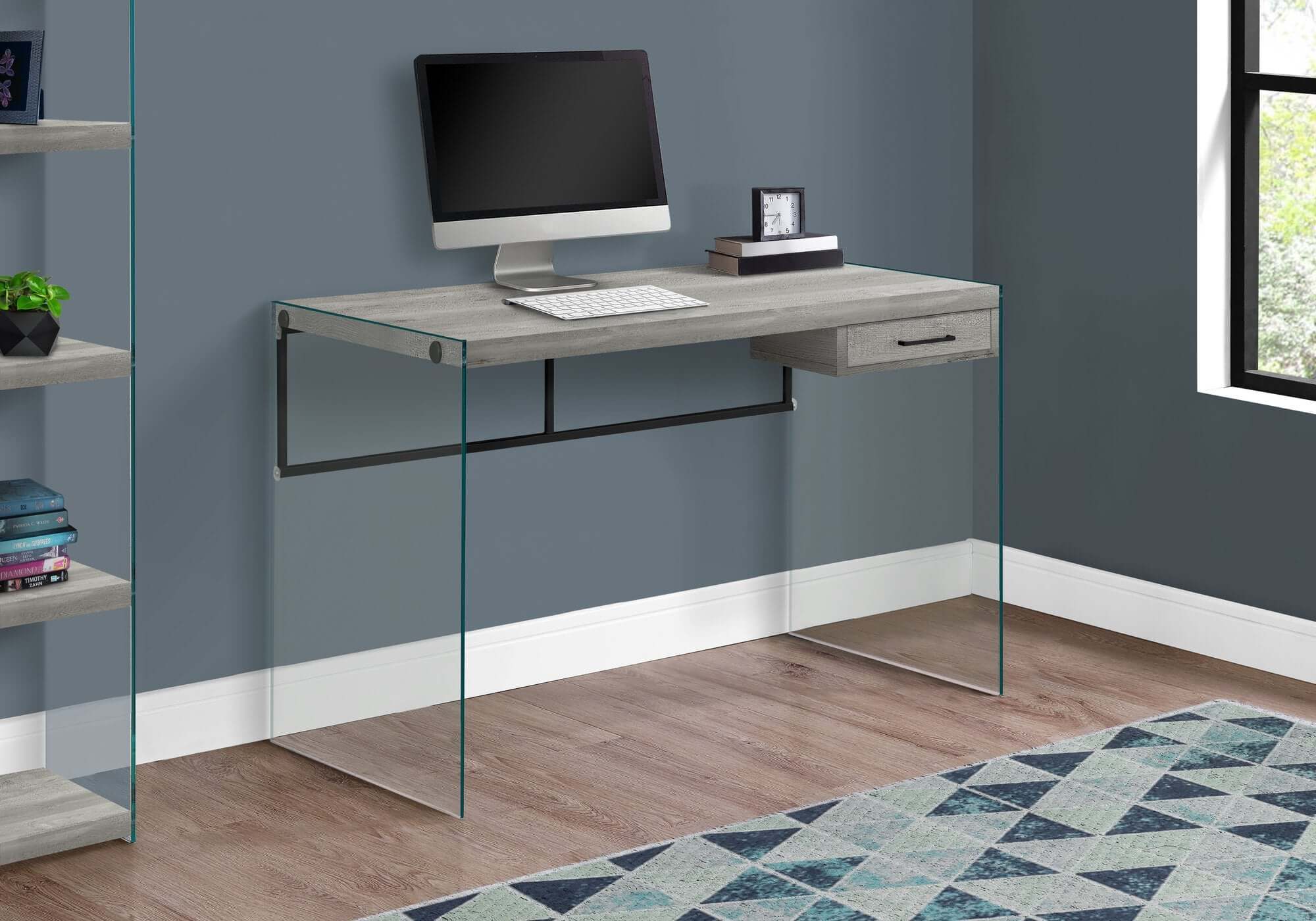 48L Grey Reclaimed Wood Computer Desk with Glass Panels - Modern Home Office Desk for Work, Study & Gaming