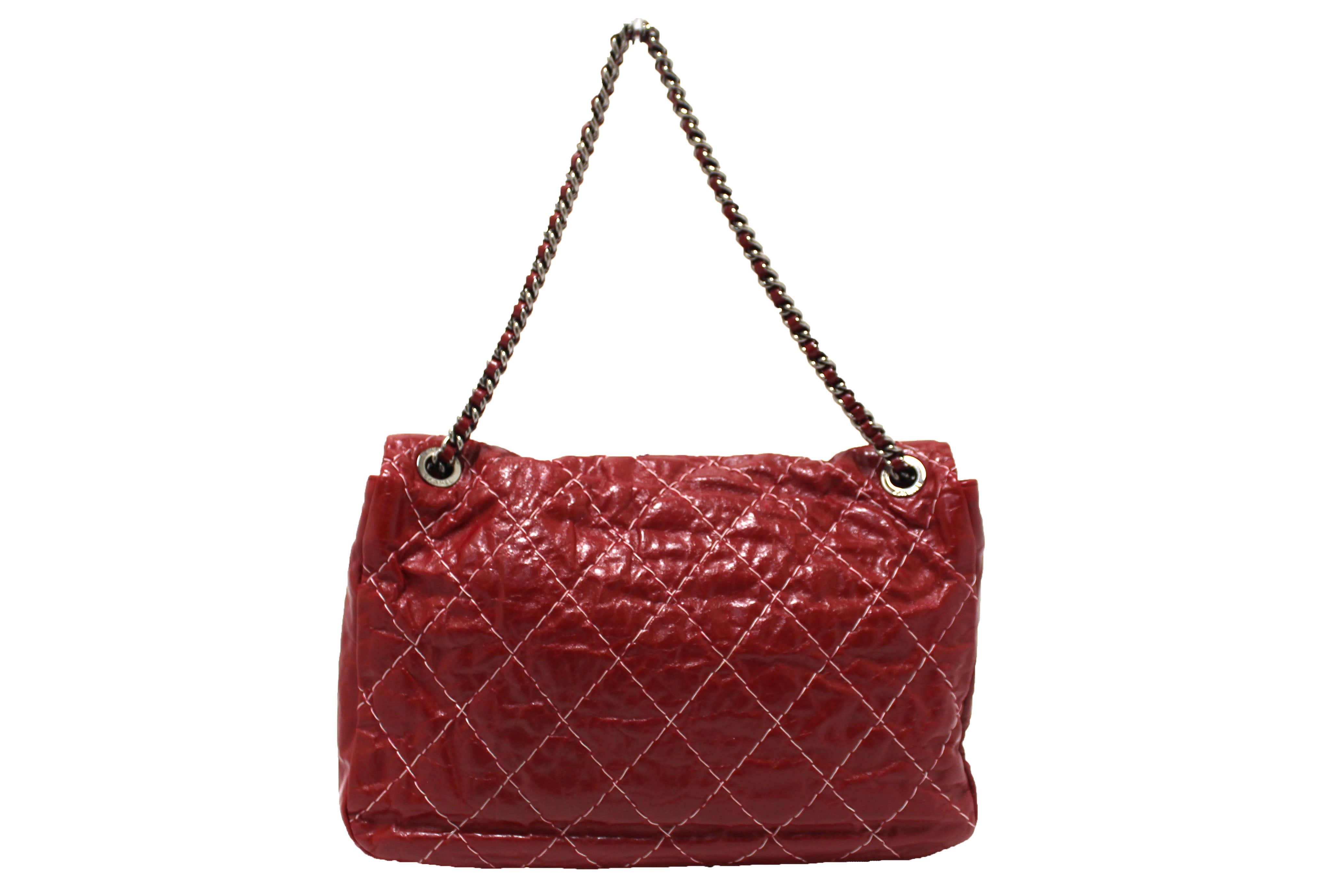 Authentic Chanel Stitch Dark Red Glazed Aged Calfskin Leather Maxi Single Flap Bag - Luxury Designer Handbag for Women, Perfect for Evening Events, Parties & Special Occasions