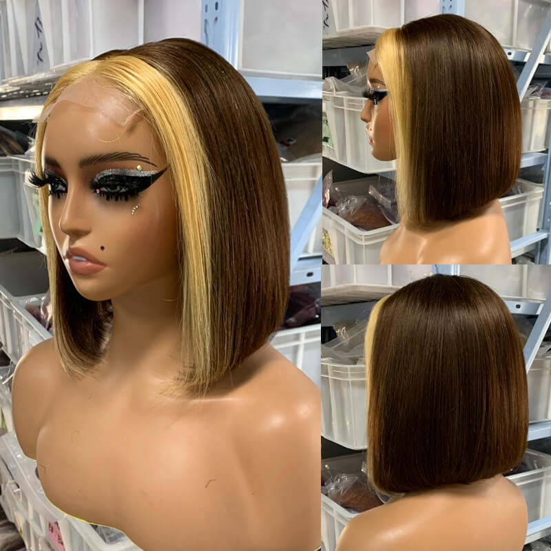 Eullair Short Layered Straight Bob Wig - Chocolate Brown with Honey Blonde Highlights 100% Human Hair Wavy Loose Wig for Women | Perfect for Cosplay, Daily Wear & Costume Parties