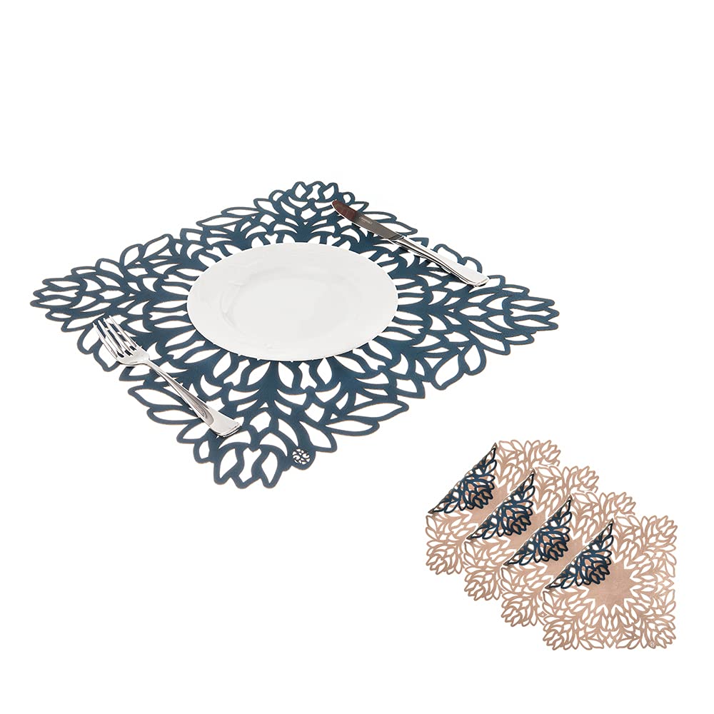 Mijal Gleiser Double Sided Placemats Set of 4 - Laser Cut Heat Resistant & Non Slip Stain Resistant Table Mats - Sea Flower Collection Navy Blue & Rose Gold - Perfect for Dining Table, Kitchen, Party Decor, and Gift Giving