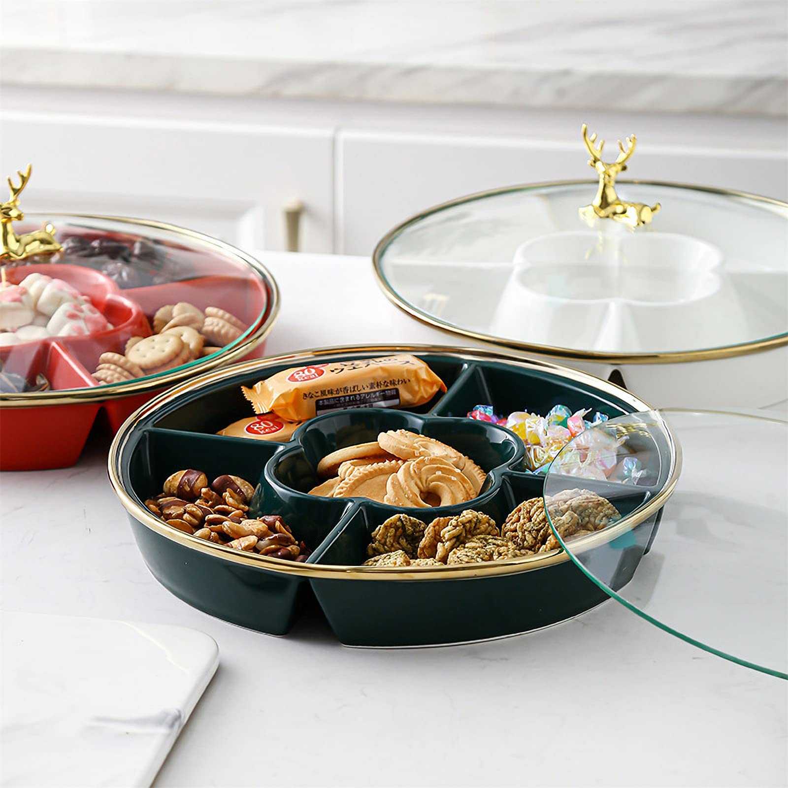 Ceramic Snack Tray with Lid - Dried Fruit, Nut & Candy Serving Plate - Appetizer Divider Container - Green (Perfect for Parties, Picnics & Home Entertaining)