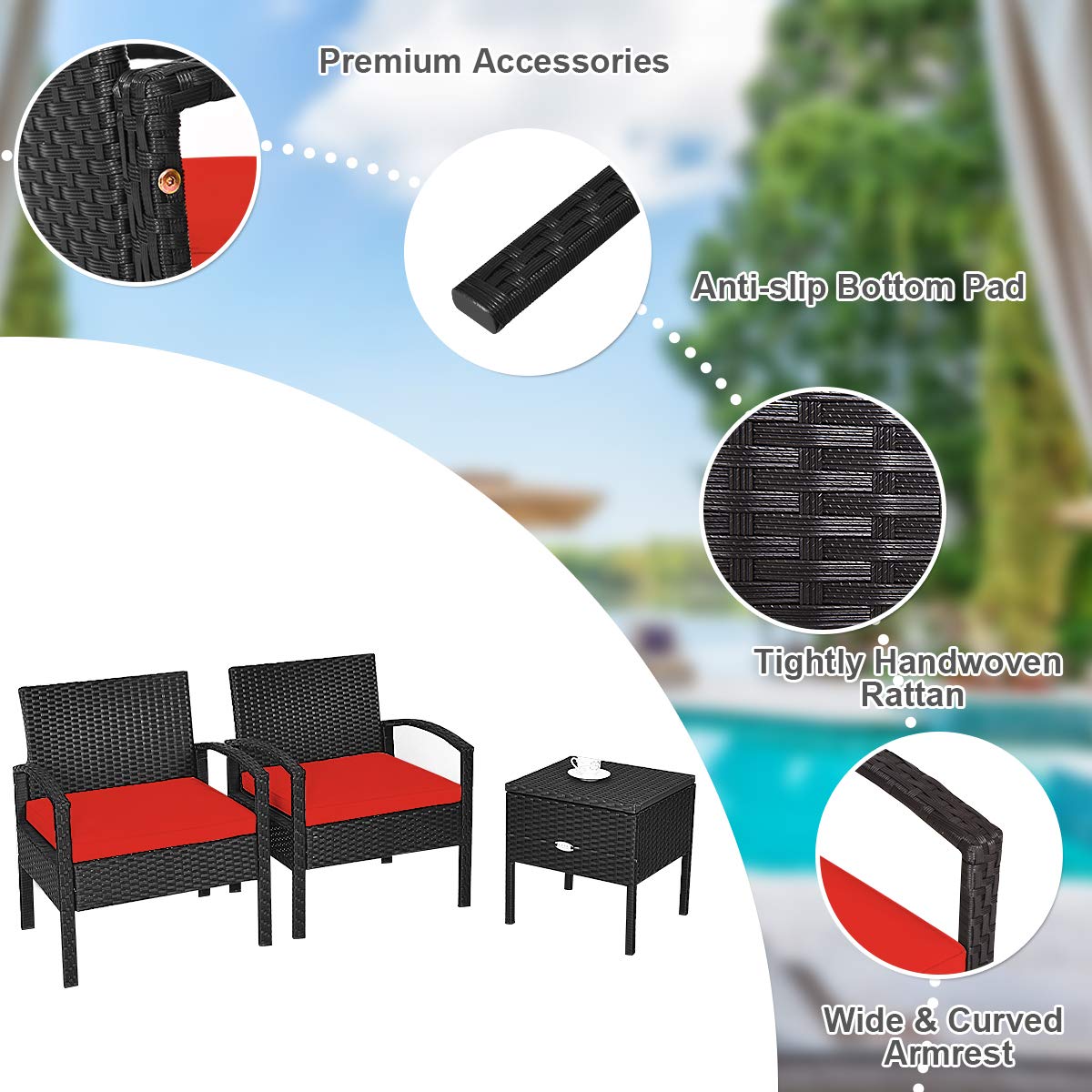3-Piece Patio Furniture Set - PE Rattan Outdoor Conversation Set with Washable Removable Cushions & Coffee Table with Storage Space - Wicker Sofa Set for Garden, Poolside, Balcony, Backyard (Red) - Perfect for Outdoor Relaxation, Entertaining Guests, and Lounging by the Pool