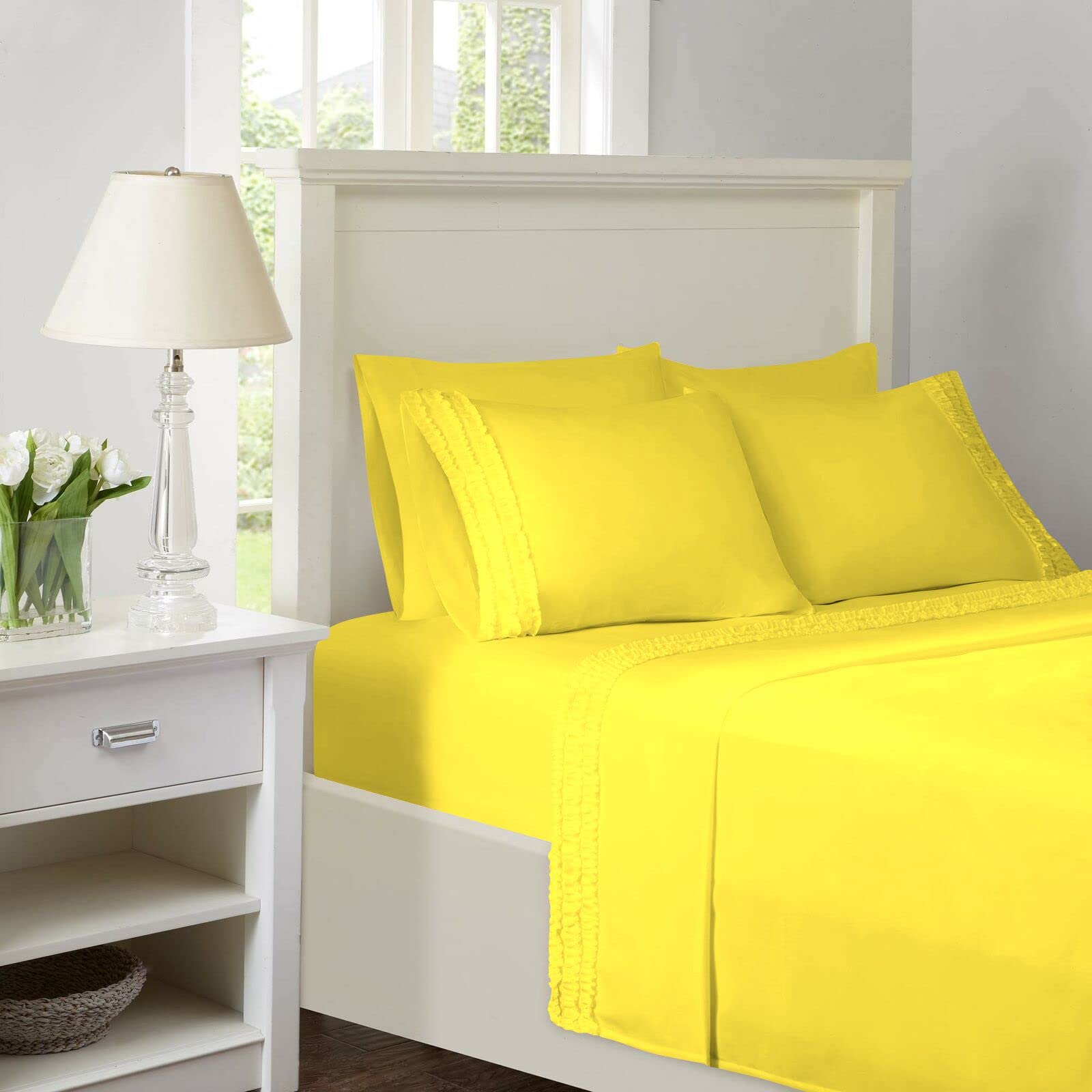 4-Piece 3-Line Ruffled Bed Sheet Set - 1 Fitted Sheet, 1 Flat Sheet & 2 Pillowcases - 21