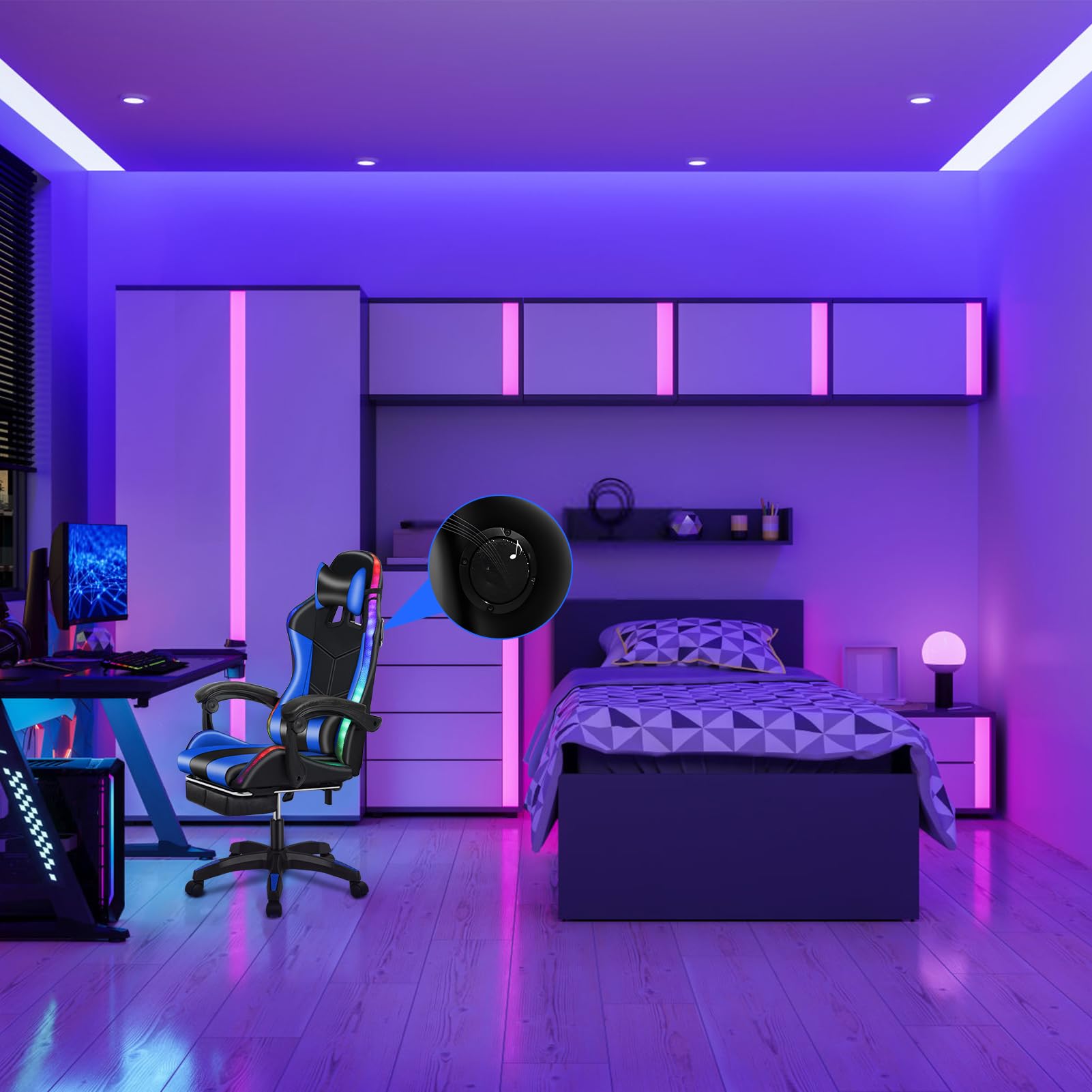 Bluetooth Gaming Chair with Built-in Speakers, RGB LED Lights & Adjustable Footrest - Ergonomic Massage Office Computer Chair with Lumbar Support for Adults (Black Blue) - Perfect for Esports, Streaming & Home Office Setup