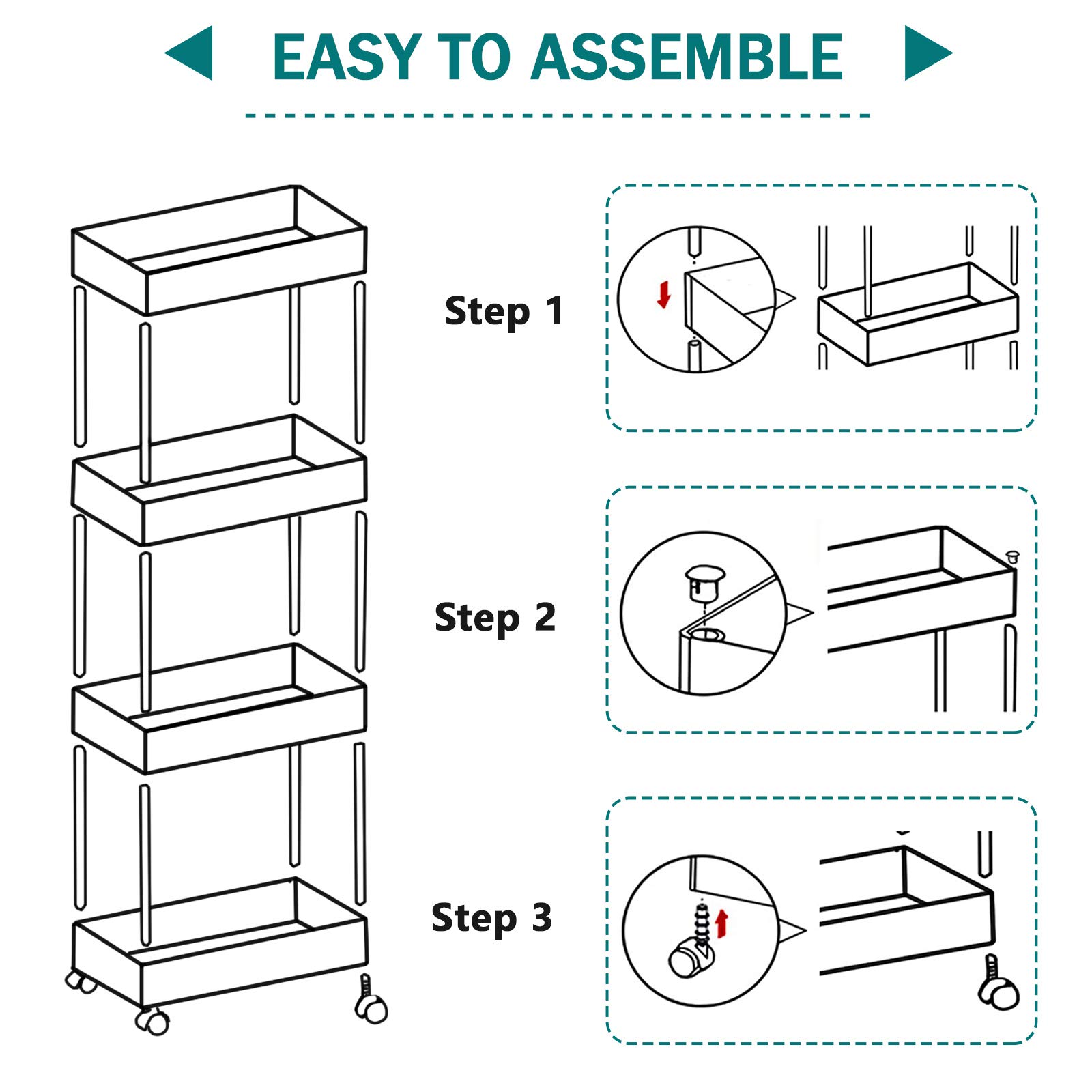 4-Tier Slim Rolling Storage Cart with Wheels - Mobile Utility Organizer for Bathroom, Kitchen, Office & Laundry - Space-Saving Plastic & Stainless Steel Shelving Unit - Perfect for Small Spaces, Closets & Narrow Areas (White)