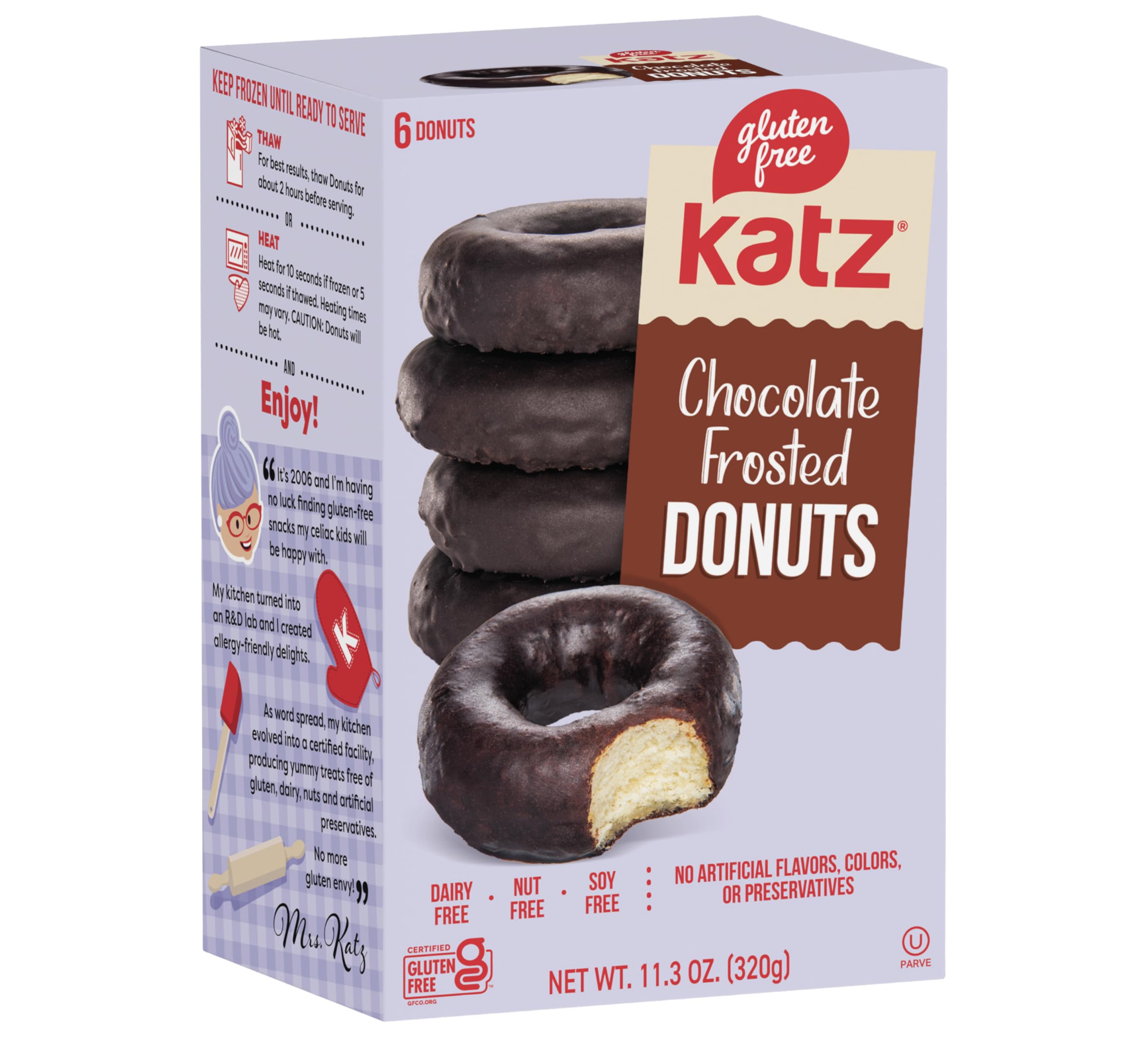 Katz Gluten Free Chocolate Frosted Donuts - Dairy Free, Nut Free, Soy Free, Vegan & Kosher Certified (6 Pack, 14oz) - Perfect for Breakfast, Snacks & Special Diets