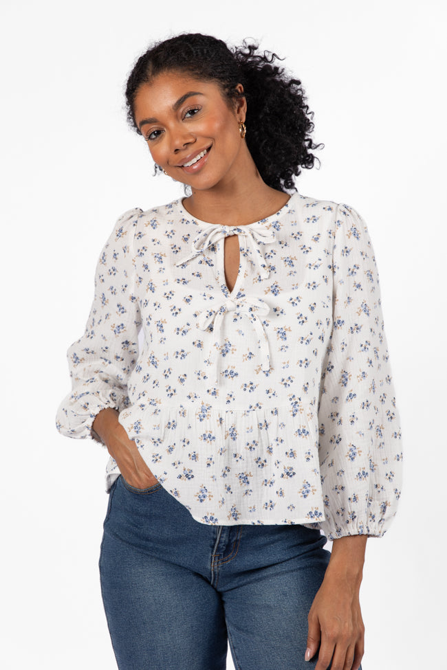 Elegant Ivory & Blue Bow Detail Floral Blouse for Women | Romantic Spring Summer Top | Perfect for Date Night, Office Wear & Special Occasions