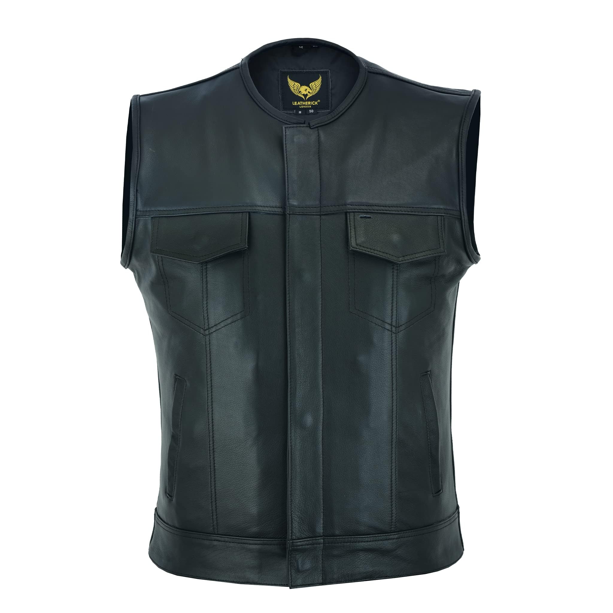 Leatherick Men's Black Motorcycle Vest - SOA Club & Traditional Paisley Satin Lined Leather Biker Jacket for Riding, Motorcycle Events & Casual Wear