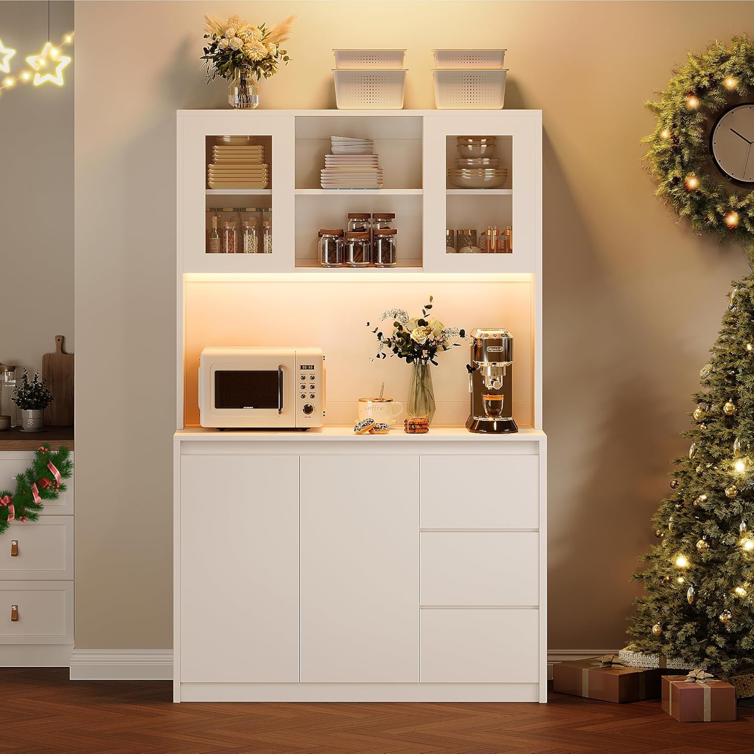 Modern White Kitchen Pantry Cabinet with LED Lights - Charging Station & Microwave Stand - Tall Buffet Cabinet with Countertop - Perfect for Small Kitchens, Dining Rooms & Home Organization