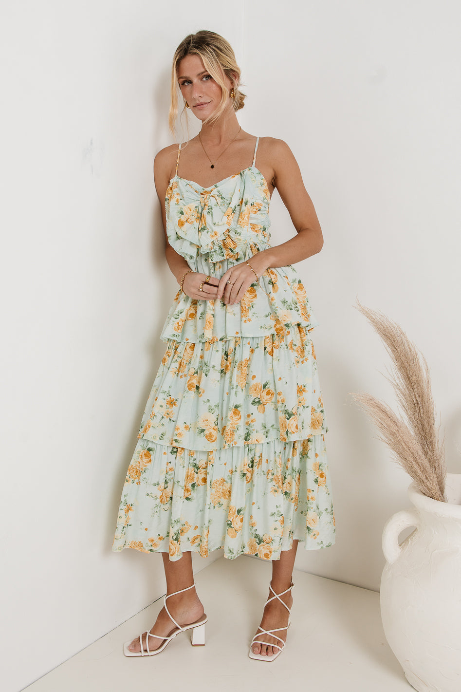 Ava Floral Midi Dress in Sage Green - Women's Boho Summer Dress with Short Sleeves - Perfect for Beach Vacation, Garden Party & Date Night