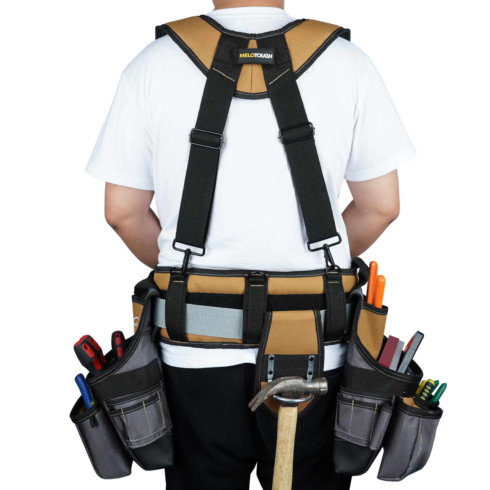 MELOTOUGH Heavy Duty Tool Belt with Suspenders - Carpenter Construction Tool Pouch for Electricians, Roofing & Contractors | Durable Framers Comb Apron Tool Bag | Perfect for Job Sites & DIY Projects (Khaki)