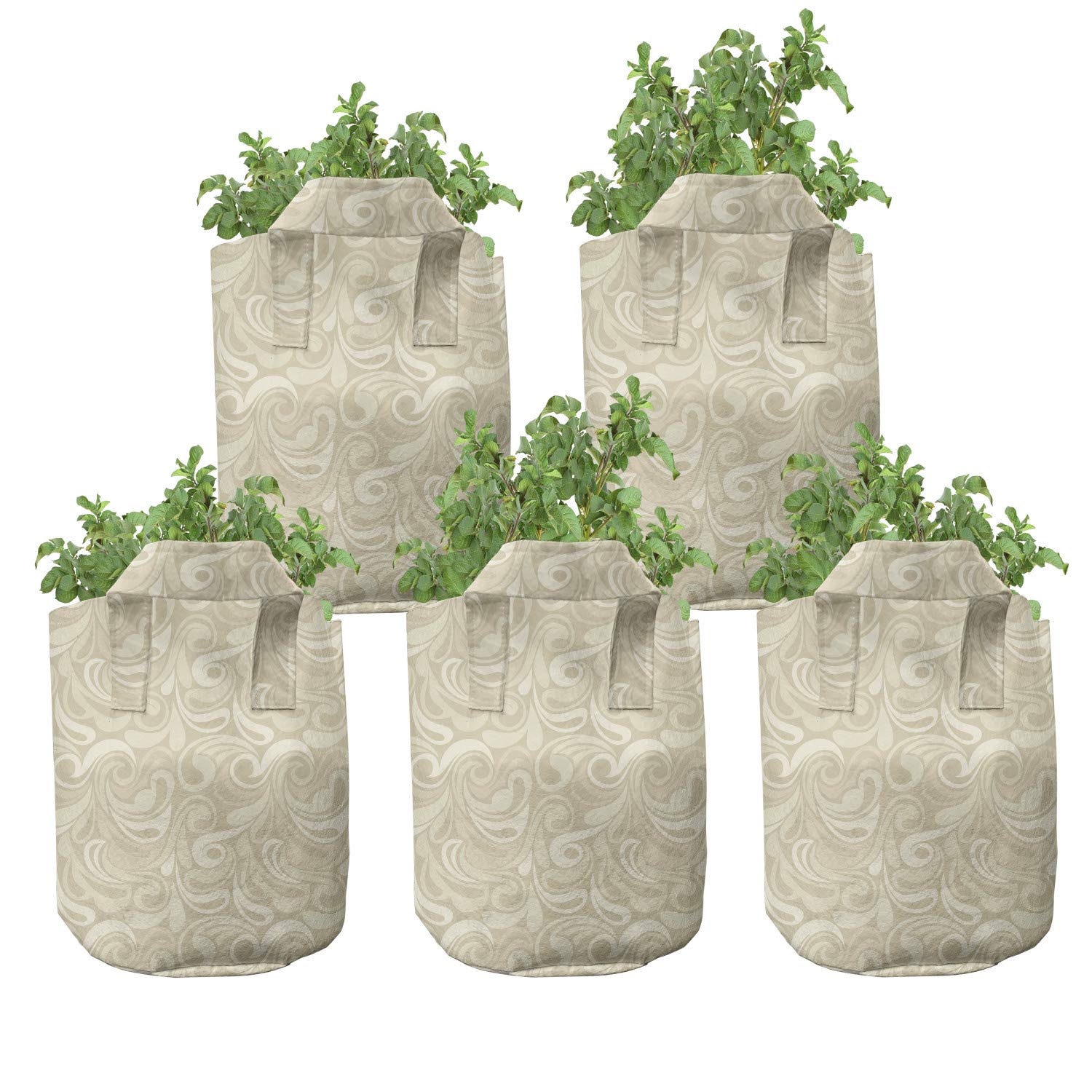 Lunarable 5-Pack Heavy Duty Fabric Grow Bags with Handles - Ivory & Beige Ornamental Paisley Design for Plants | Perfect for Indoor Gardening, Outdoor Planting & Container Gardening