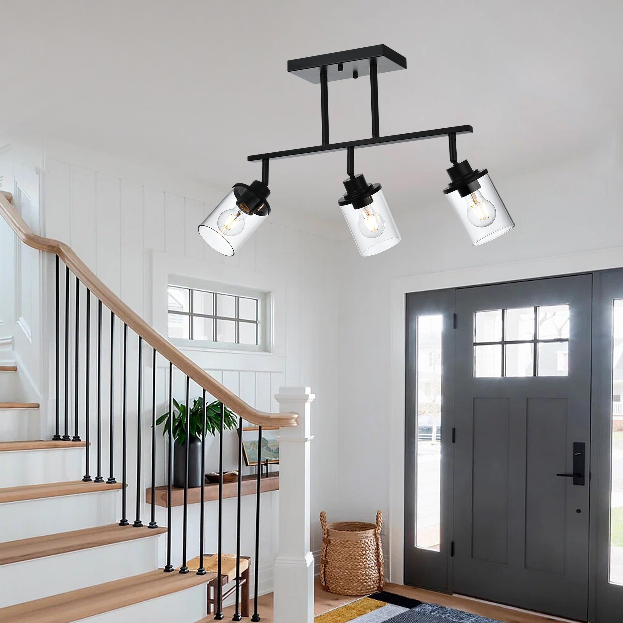3-Light Adjustable Track Lighting Fixture - Black Modern Ceiling Light with Clear Glass Shade for Kitchen, Office, Living Room & Bathroom Vanity | Dimmable LED Track Lighting System for Home & Commercial Spaces