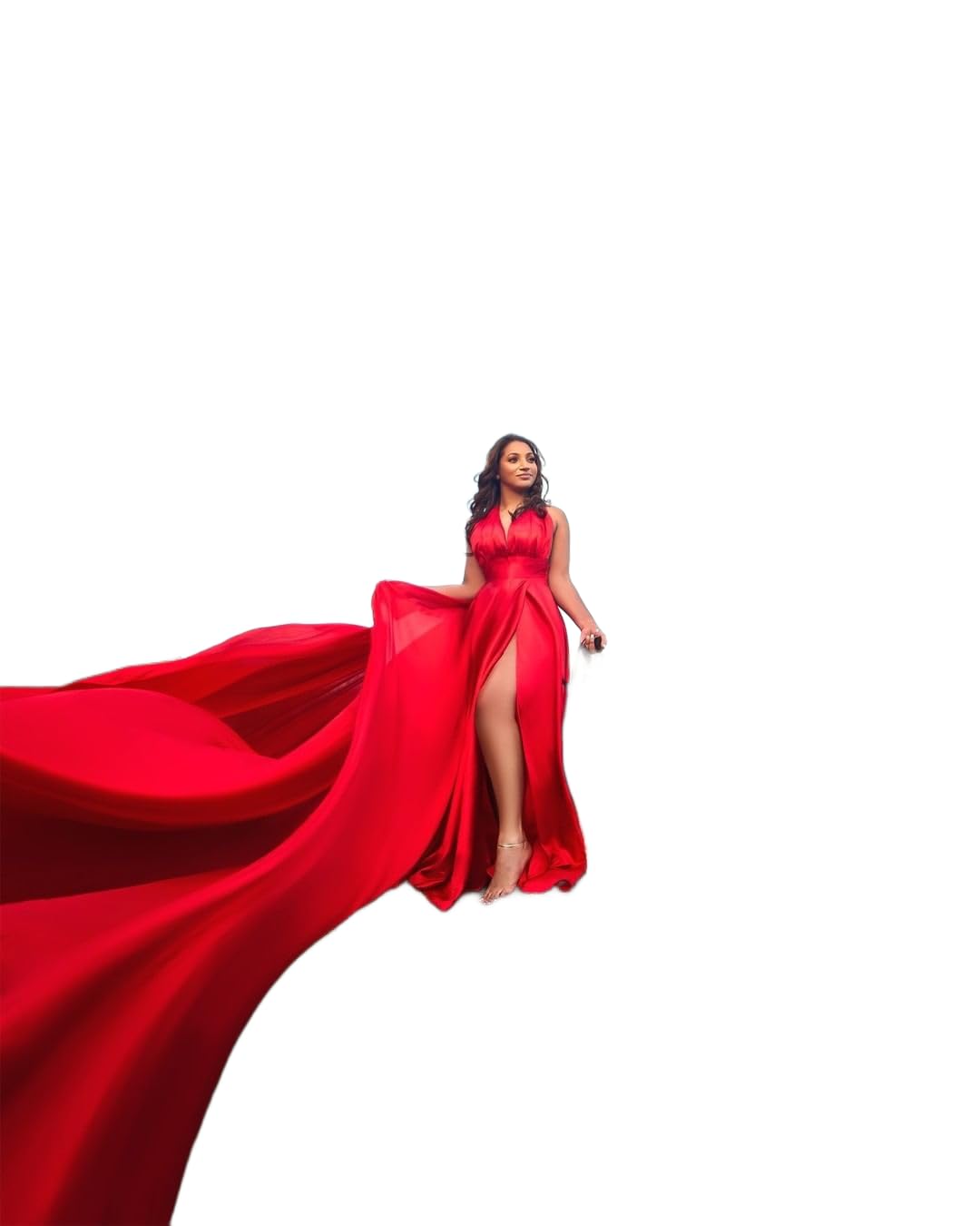 Elegant Red Long Flying Dress with Train - Flowy Satin Photoshoot Dress for Women - Perfect for Santorini Vacations, Beach Weddings & Boho Style Photography (Size L, Black)