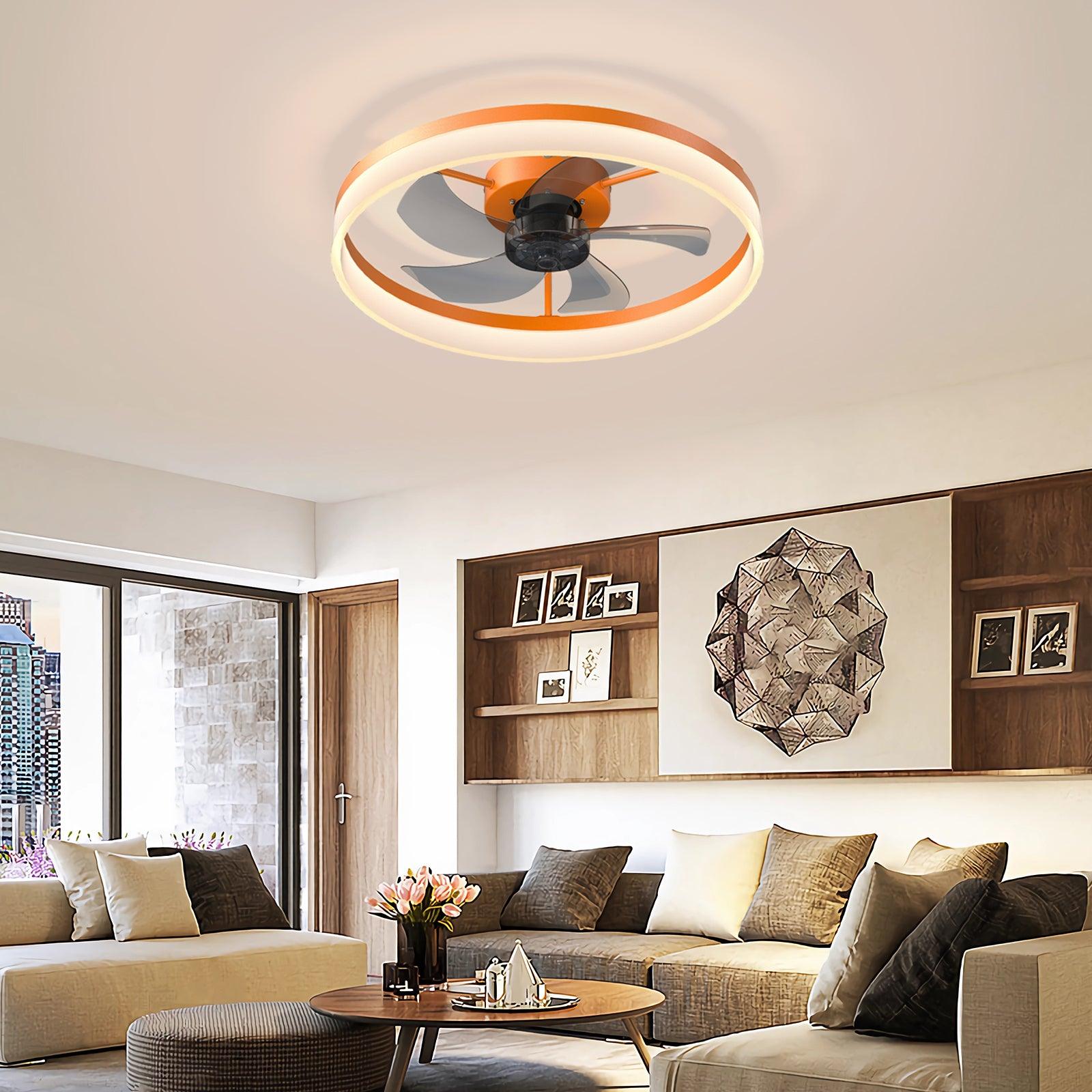 Modern Ceiling Fan with Dimmable LED Lights - Ultra Thin Design, Easy Embedded Installation (Orange) - Perfect for Living Room, Bedroom, and Home Office Cooling & Lighting