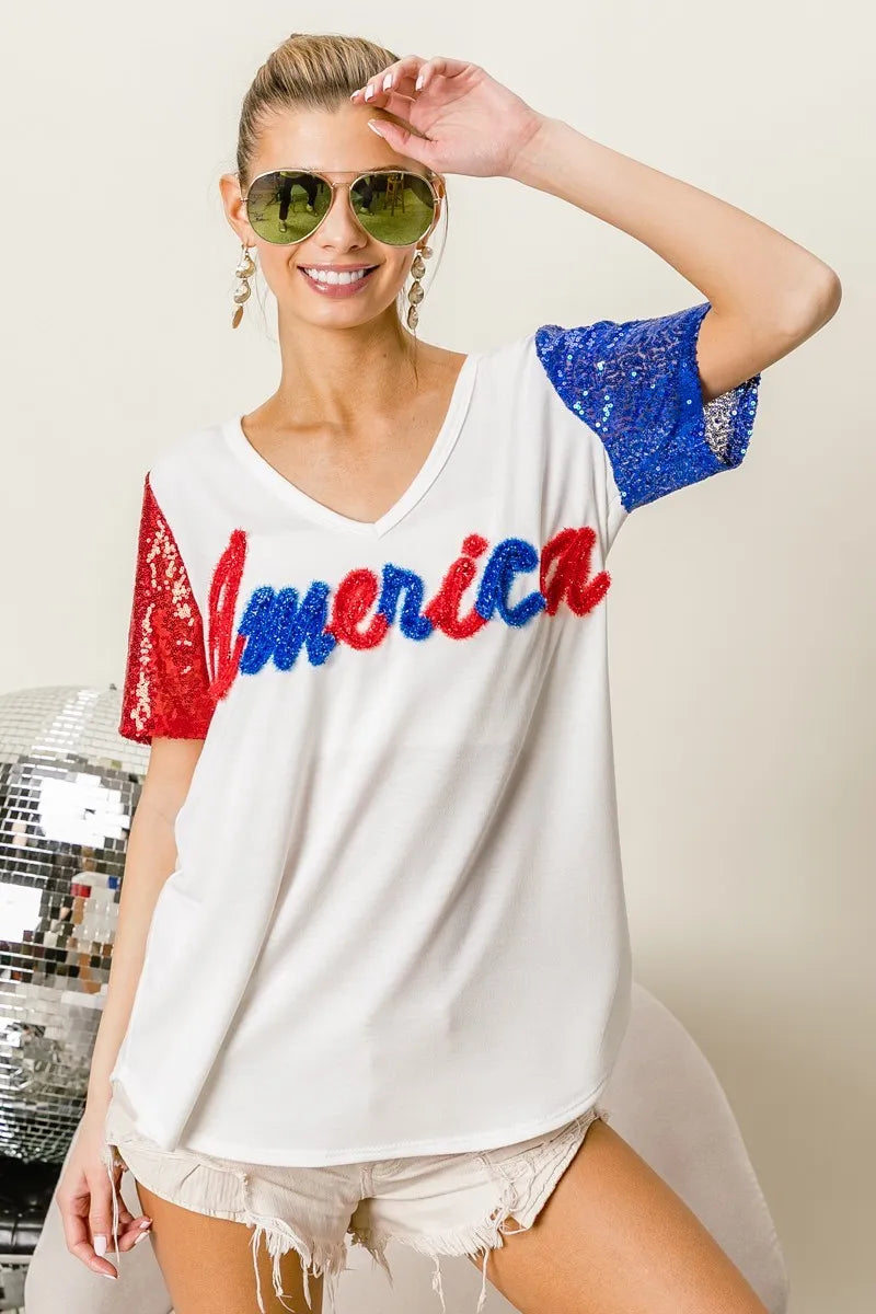 BiBi Metallic Letter V-Neck Sequin Sleeves Top for Women | Party Wear, Club Outfit, Evening Dress, Special Occasion Fashion