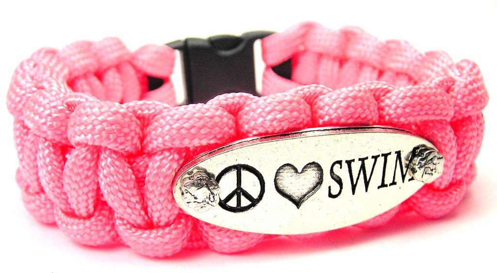 Peace Love Swim 550 Paracord Bracelet - Rose Pink Survival Bracelet for Outdoor, Hiking, Camping & Emergency Situations
