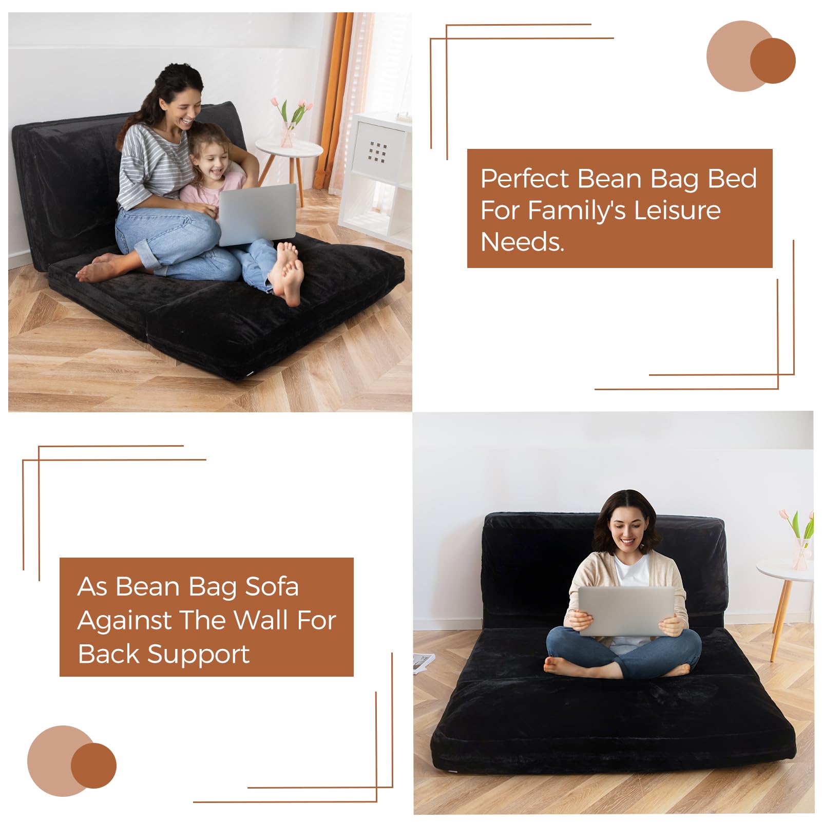 MAXYOYO Extra Thick 30x95 Inch Faux Fur Bean Bag Bed - Foldable Sofa Bed & Floor Mattress for Adults, Washable Cover, Single Floor Couch for Bedroom & Living Room (Black) | Perfect for Lounging, Gaming & Small Space Living
