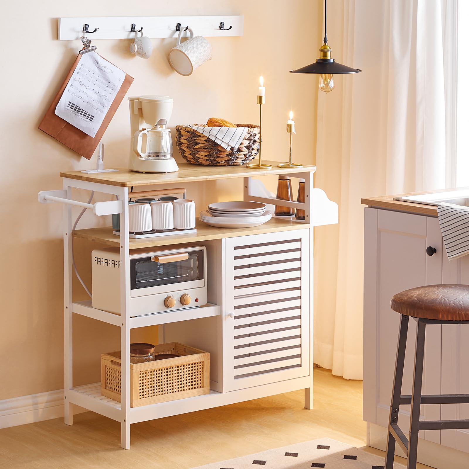 HOOBRO White and Natural Kitchen Island with Storage, Power Outlet, 4-Tier Coffee Station & Microwave Stand - Large Worktop Kitchen Cart for Home, Dining Room | Perfect for Small Spaces, Entertaining & Coffee Bar Setup