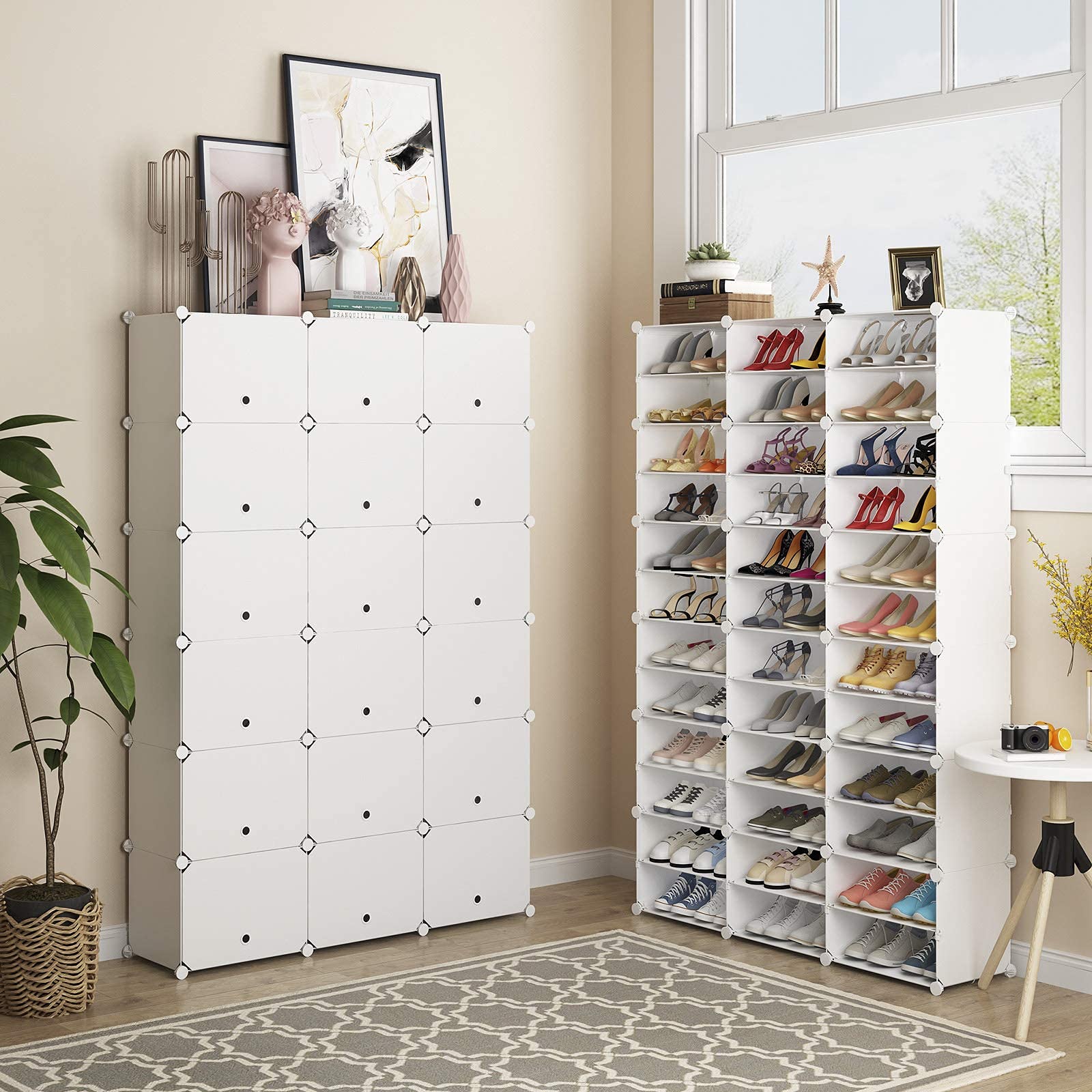 KOUSI 36 Grids Expandable Shoe Rack Organizer - Portable Tower Shelf Storage Cabinet for Heels, Boots, Slippers - White - Perfect for Closet, Entryway, Dorm Room Organization