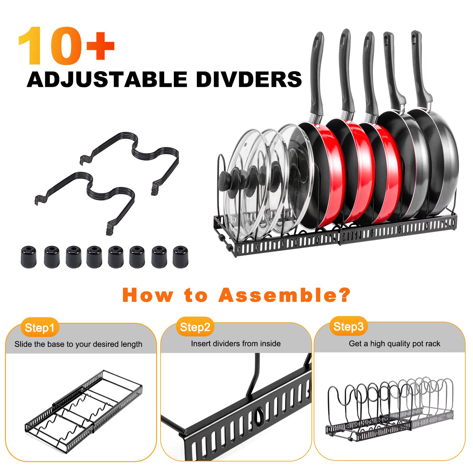 Expandable Pot and Pan Organizer Rack for Kitchen Cabinet - Adjustable Lid Holder with 10 Compartments, 3 DIY Installation Methods - Perfect for Small Kitchen Storage and Space Saving