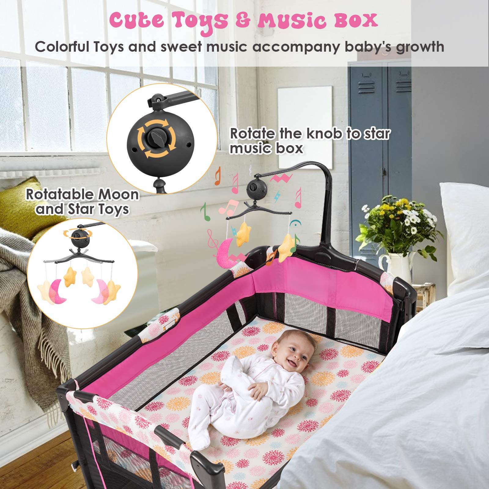BABY JOY 4-in-1 Portable Playard with Bassinet & Changing Table - Adjustable Height Baby Bedside Sleeper with Music Box - Easy Fold & Carry for Newborn to Toddler - Perfect for Nursery, Travel & Co-Sleeping (Rose)