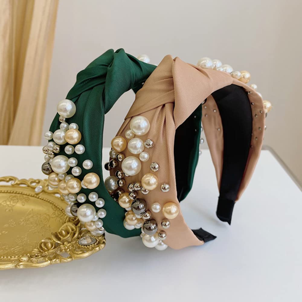 Wiwpar Fashion Pearl Knotted Headbands for Women - Wide Pearl Bead Hair Accessory Boho Style Headband (Green) - Perfect for Weddings, Parties & Everyday Wear