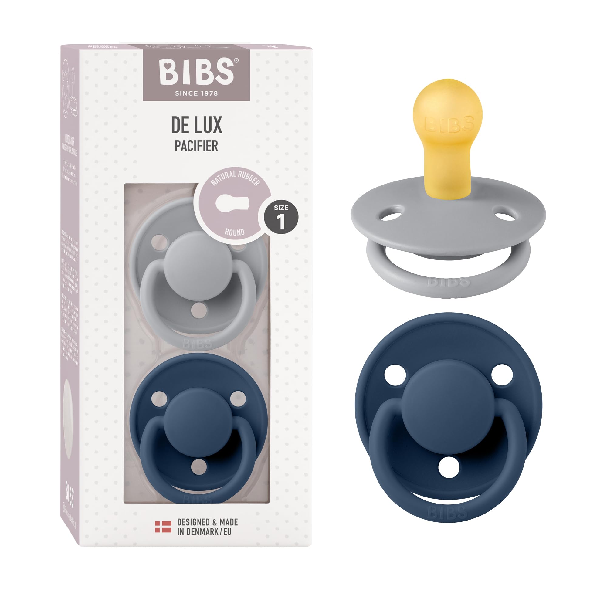 BIBS De Lux Pacifier Set of 2 - BPA Free, Round Natural Rubber Nipple, Size 1 (0-6 Months) in Cloud/Steel Blue - Perfect for Newborns & Infant Soothing, Daycare & Travel Essentials