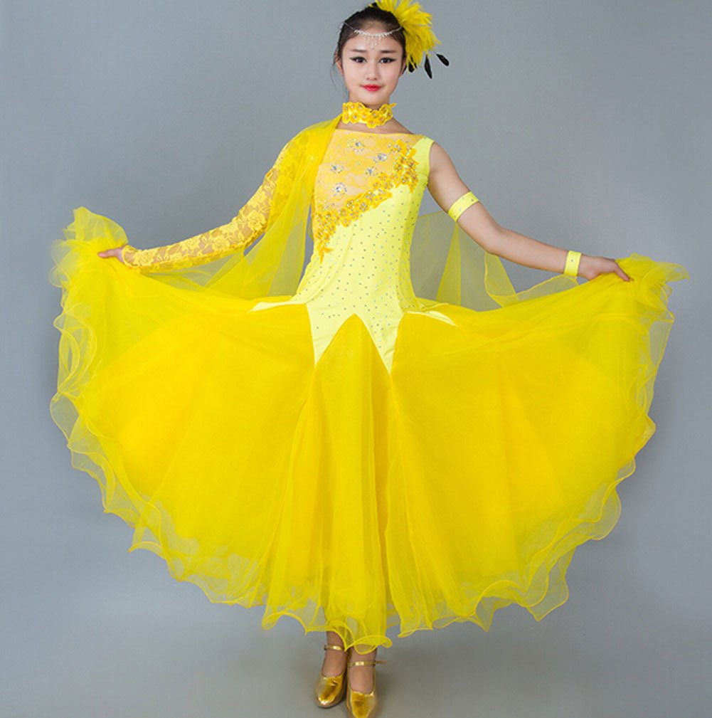 Elegant Women's Modern Waltz Tango Smooth Ballroom Dance Dress - Standard Competition Ball Gown (Yellow, Size M) | Perfect for Professional Dance Competitions, Performances & Social Dancing Events