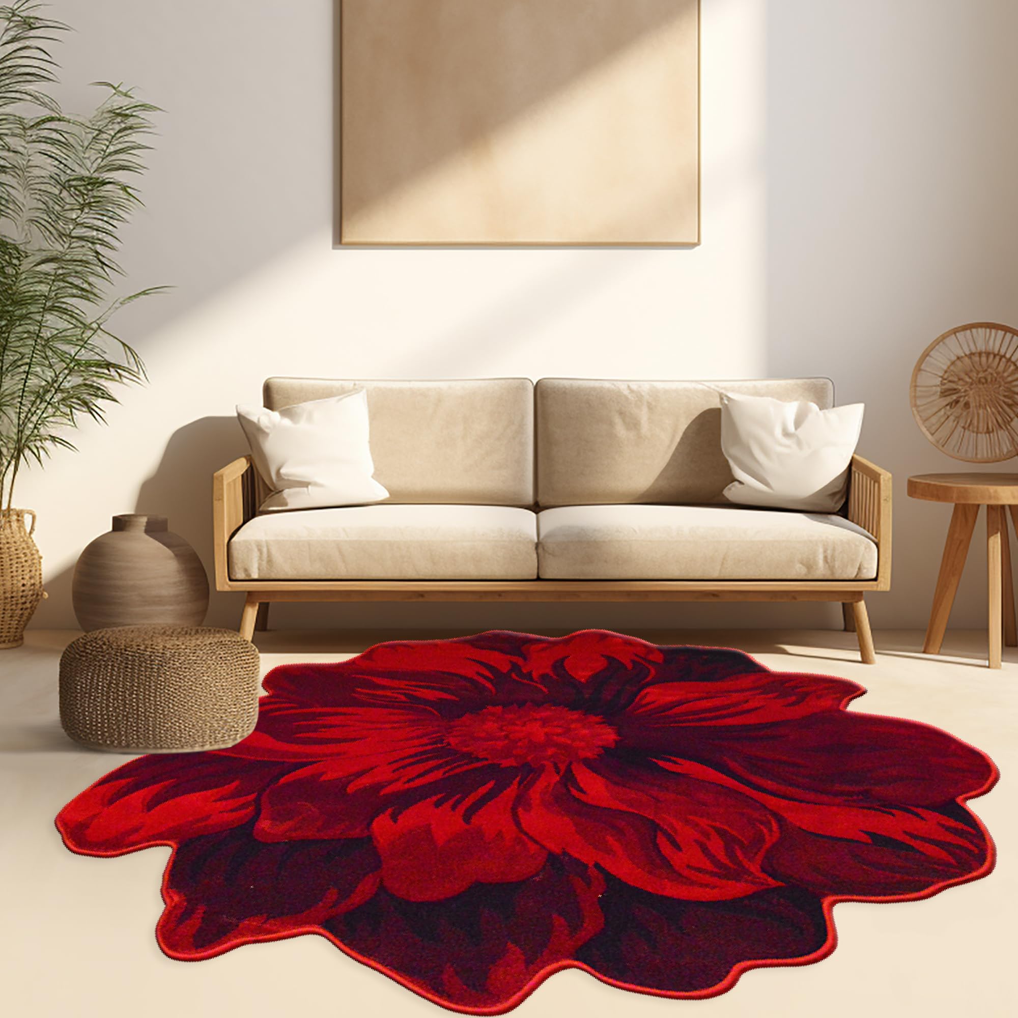 5ft Round Fluffy Flower Rug - Soft Plush Circle Area Carpet for Bedroom, Living Room, Nursery - Girly Home Decor in Vibrant Red (305) - Perfect for Boho Chic Decor & Cozy Floor Seating