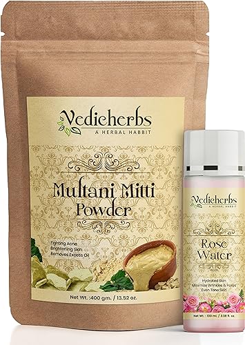 Vedicherbs Multani Mitti Powder with Rose Water - Natural Fuller's Earth Clay for Glowing Skin | Whitening, Brightening, Acne & Oil Control | Treats Dull & Dry Skin | Bentonite Clay Face Mask for Women & Men (500g) | Perfect for Daily Skincare & Spa Treatments