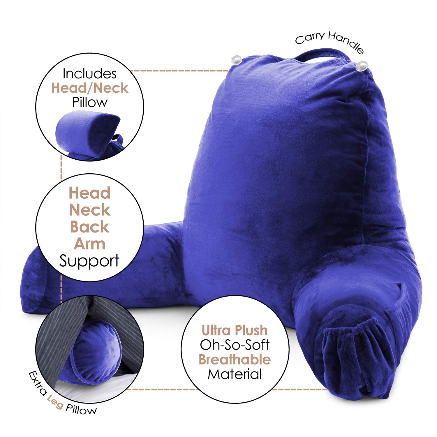 Nestl Large Reading Pillow for Bed - Shredded Memory Foam Back Support Pillow with Pockets | Perfect for Sitting in Bed, Reading, Watching TV & Relaxing | Royal Blue Bed Chair Arm Pillow