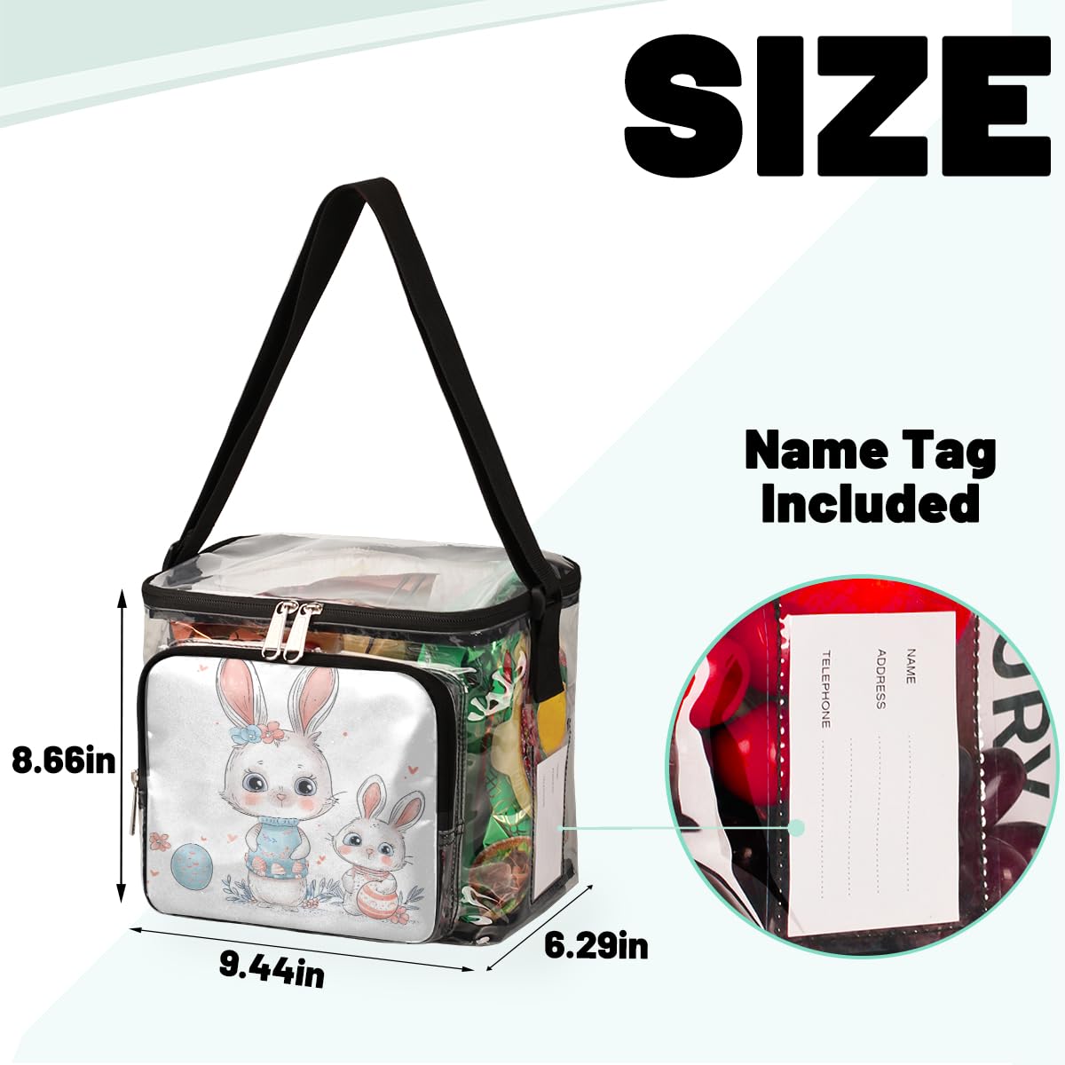 Easter Bunny Rabbit Egg Clear Tote Bag with Handles - Transparent Crossbody Shoulder Lunch Bag for Outdoor, Travel, Picnic, Concerts & Sports Events - Stadium Approved Multi-Purpose Carryall (Perfect for Easter Celebrations, Beach Trips & Festival Outings)