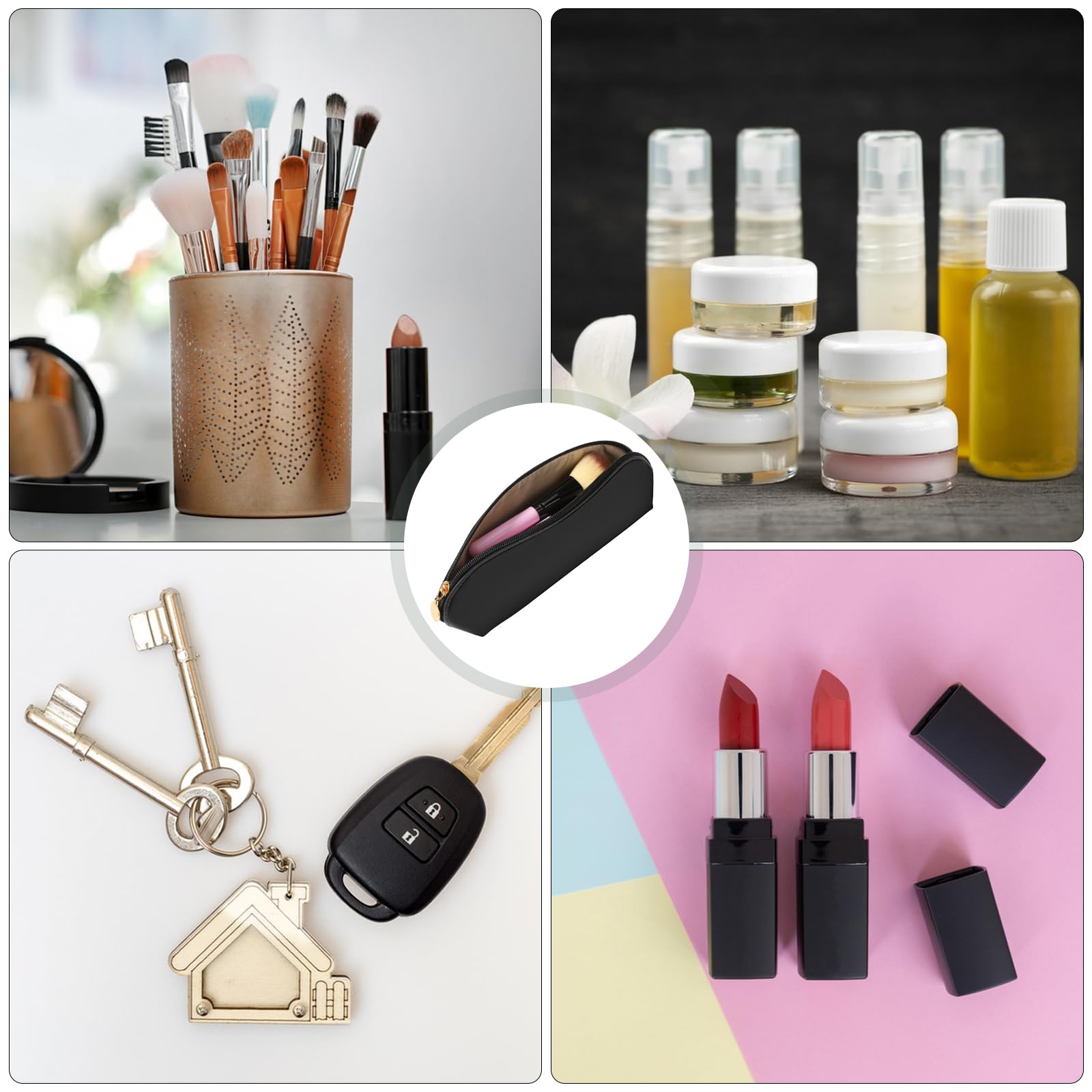 Portable Travel Makeup Brush Holder - Zippered Cosmetic Bag for Outdoor & Travel (Black)