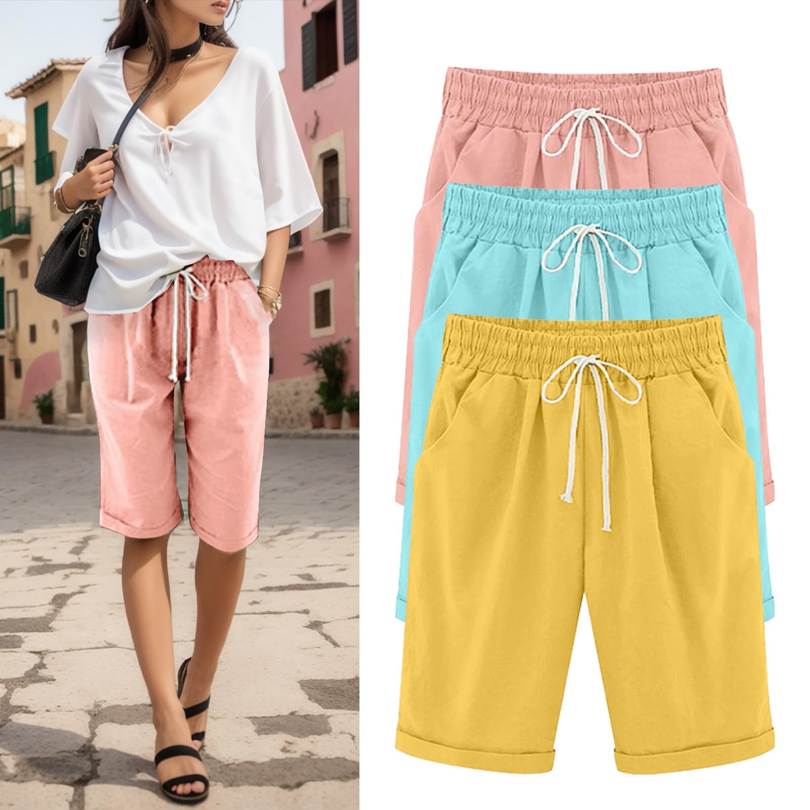 Women's Bermuda Shorts - Casual Summer Black Shorts with Pockets for Beach & Travel