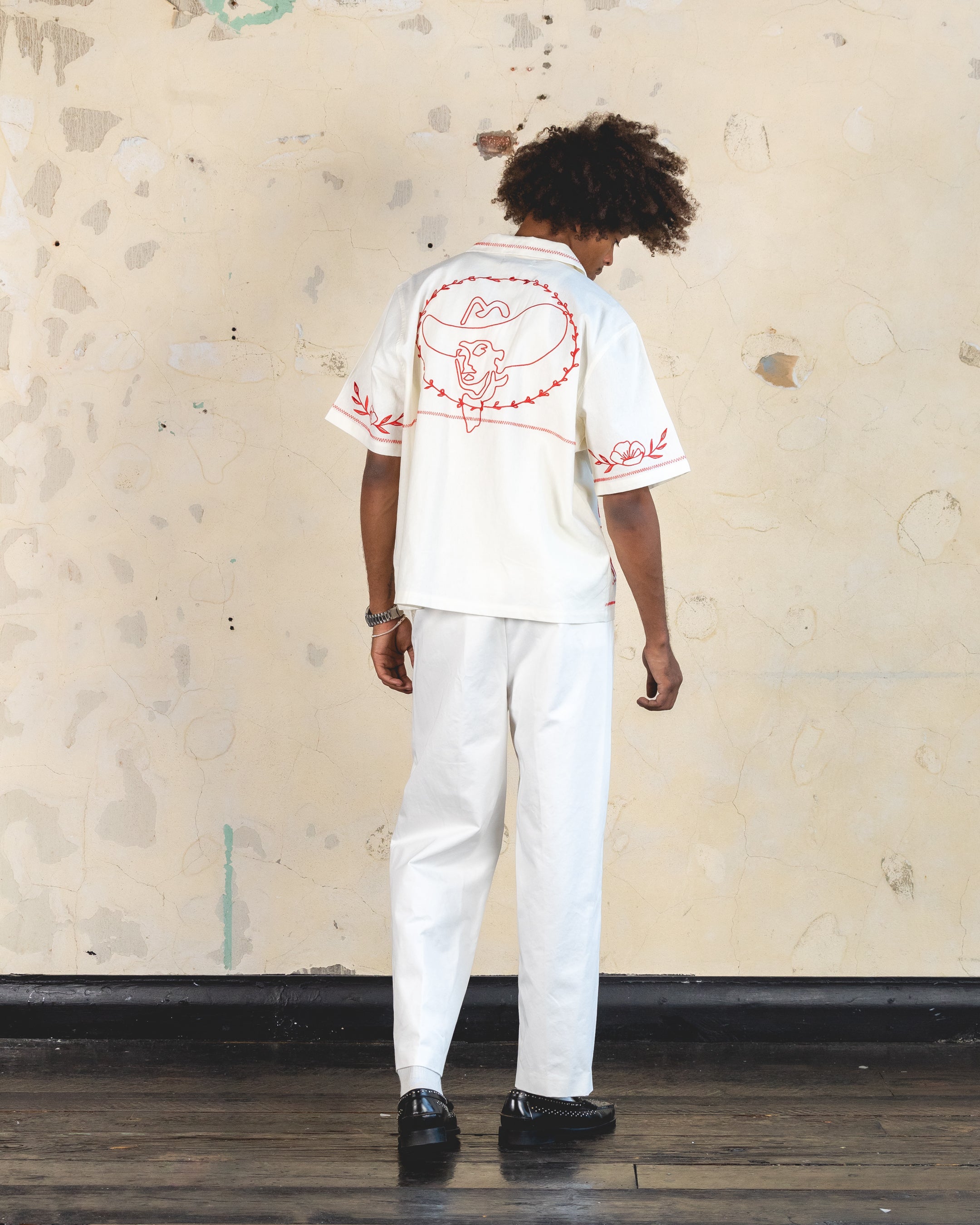 404 Frontier Embroidered Button-Up Shirt for Men - Casual Western Style Off-White Shirt - Perfect for Outdoor Adventures, Country Music Festivals & Cowboy-Themed Parties